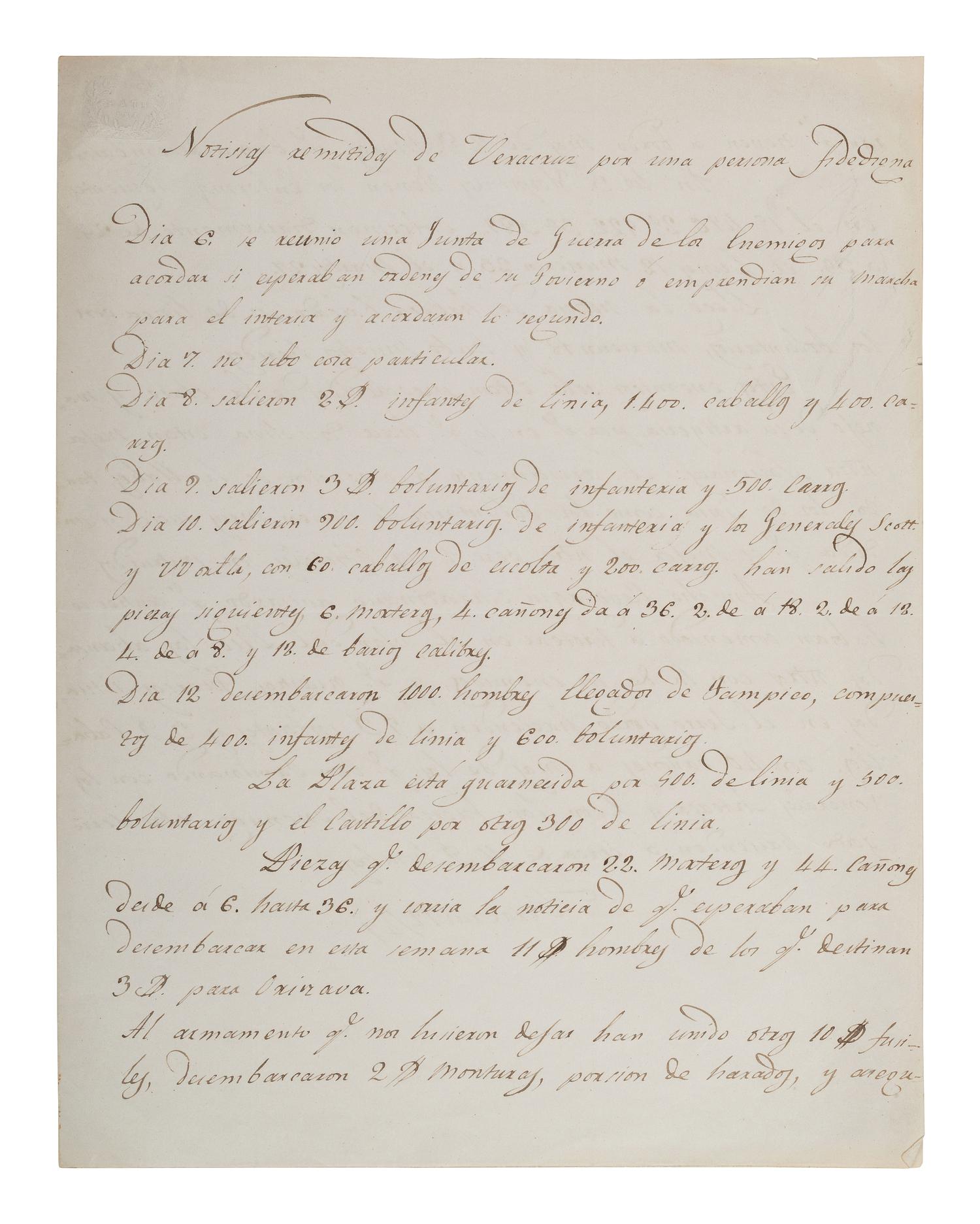 [MEXICAN-AMERICAN WAR]. A Mexican spy delivers an accounting of "enemy" troops, April 1847.