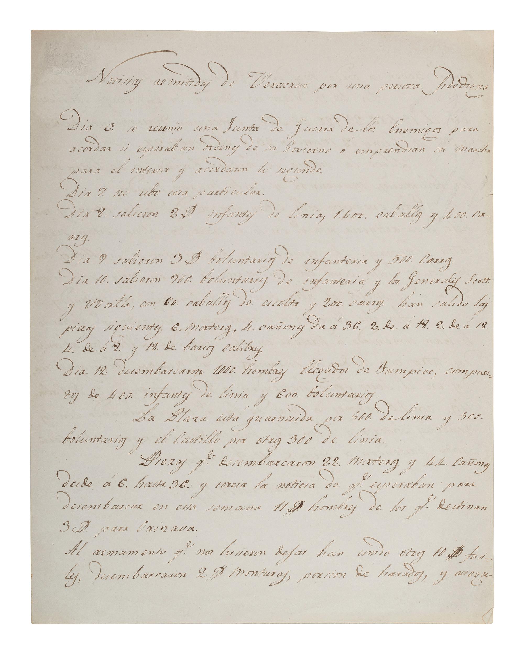 [MEXICAN-AMERICAN WAR]. A Mexican spy delivers an accounting of "enemy" troops, April 1847.