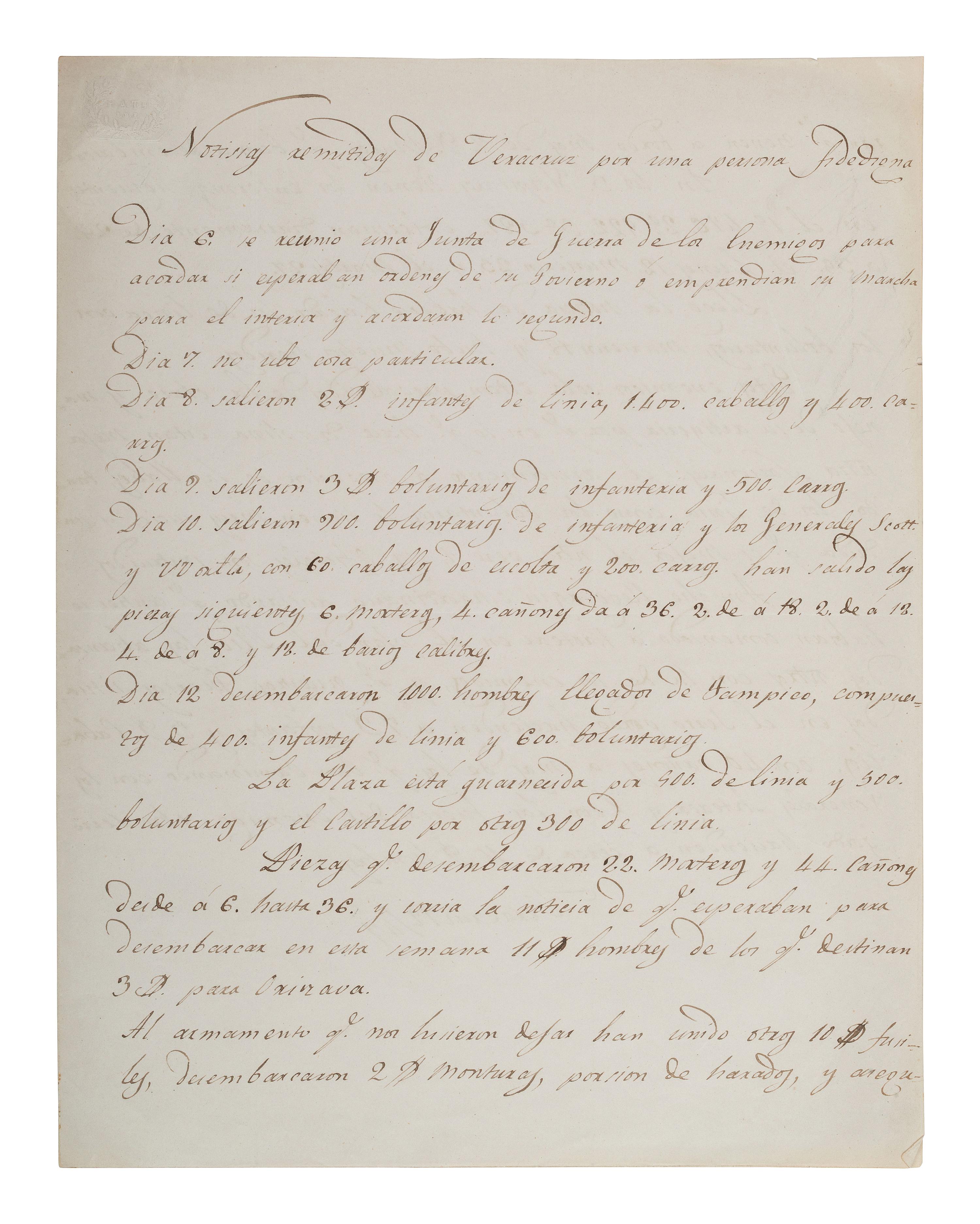 [MEXICAN-AMERICAN WAR]. A Mexican spy delivers an accounting of "enemy" troops, April 1847.