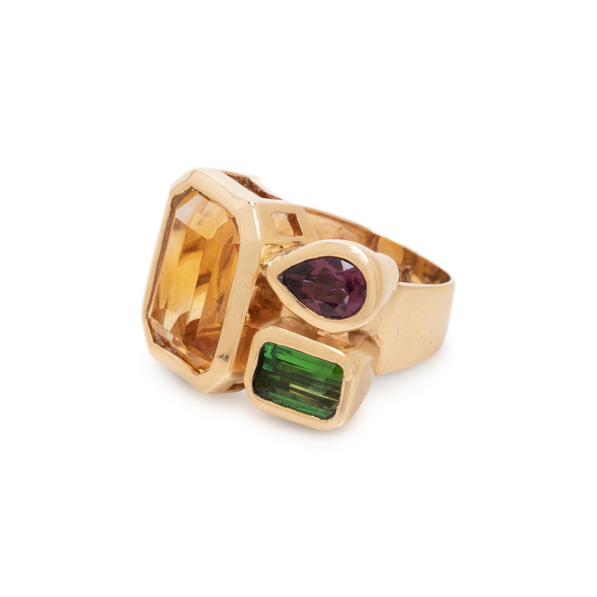 YELLOW GOLD, CITRINE AND MULTICOLOR TOURMALINE RING
