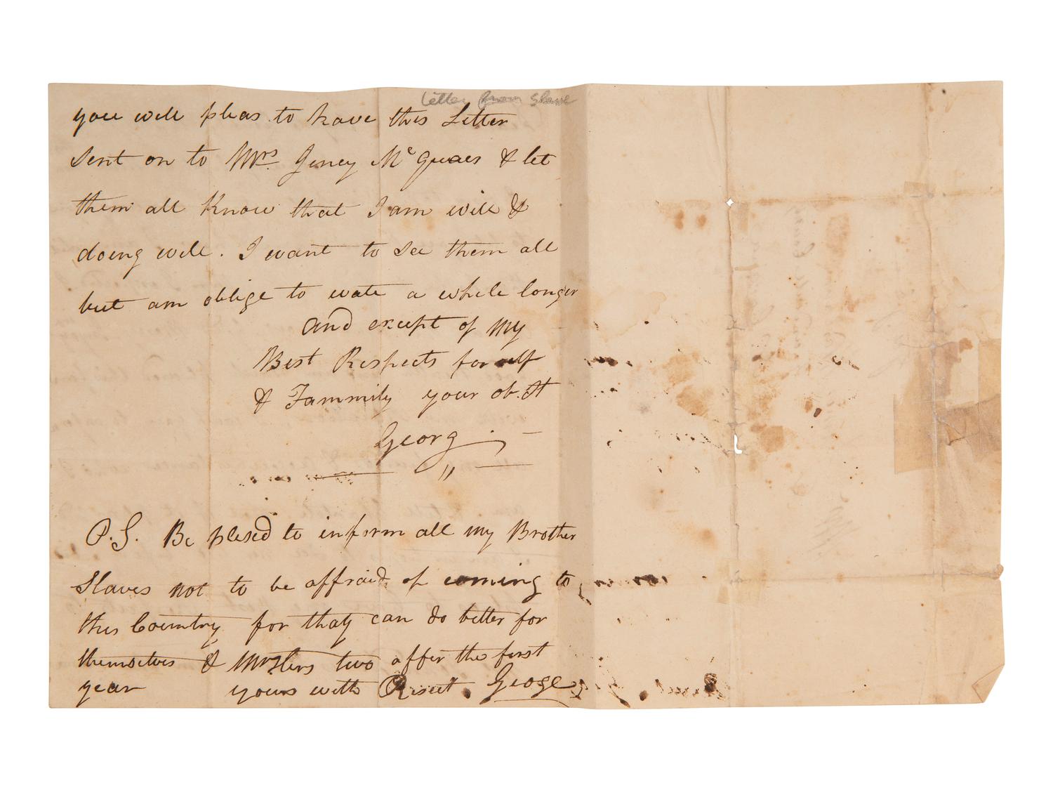 [ENSLAVEMENT]. Letter from a formerly enslaved man named George. 10 July 1827.