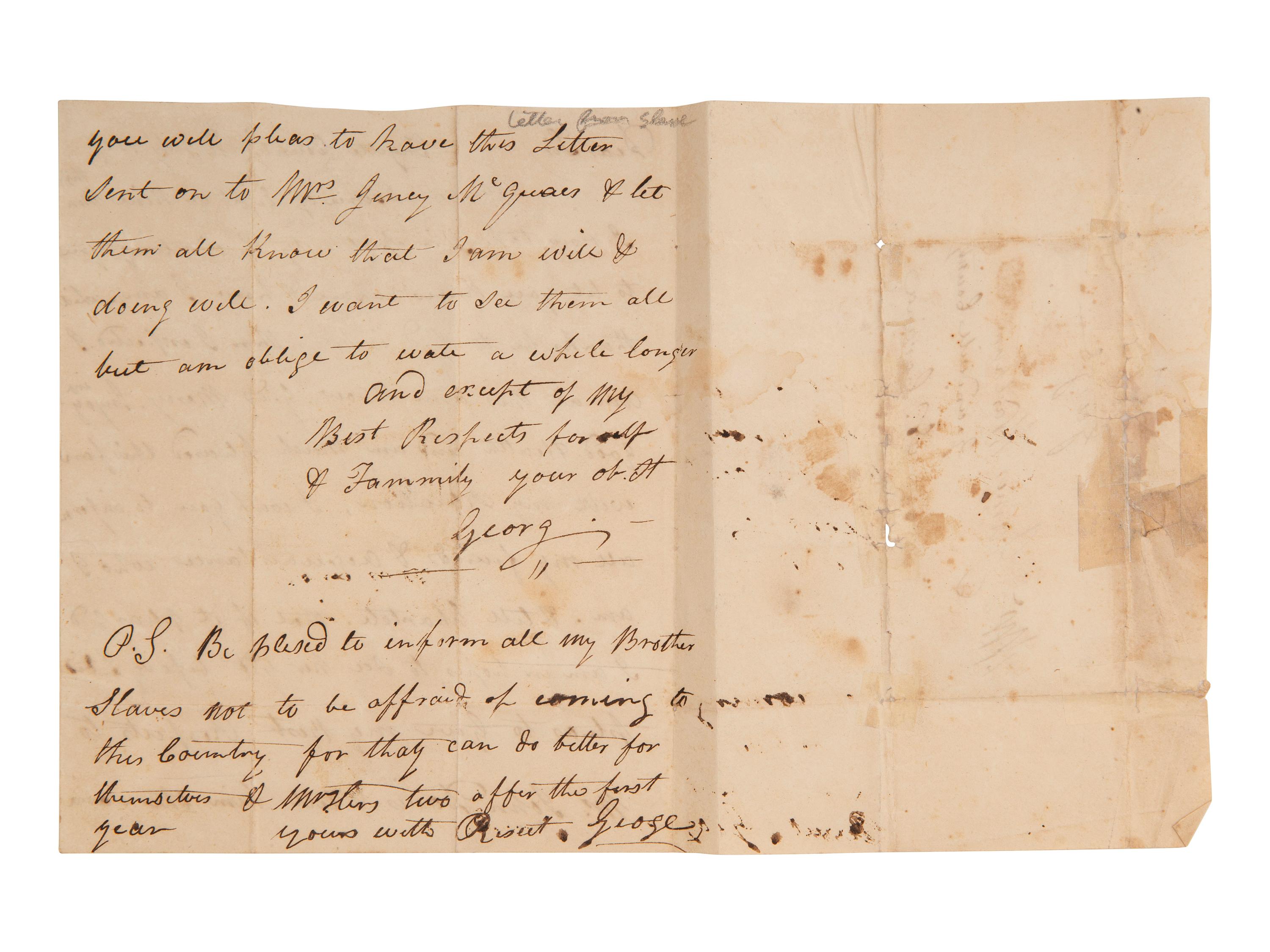[ENSLAVEMENT]. Letter from a formerly enslaved man named George. 10 July 1827.