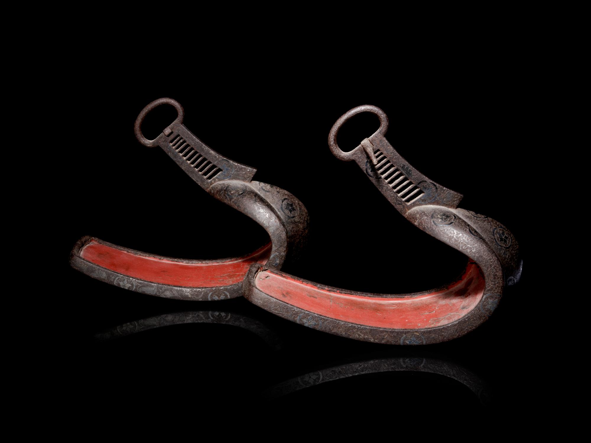 A Pair of Inlaid and Lacquered Iron Stirrups, Abumi