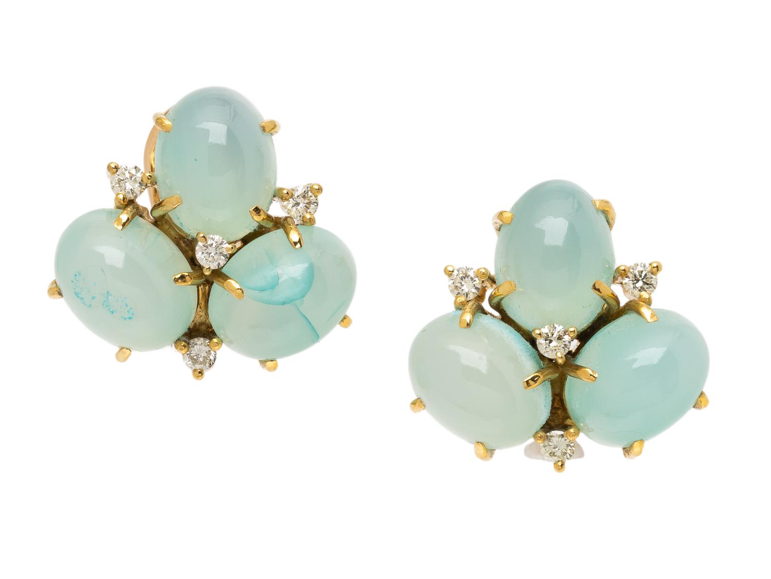 DYED GREEN CHALCEDONY AND DIAMOND EARRINGS