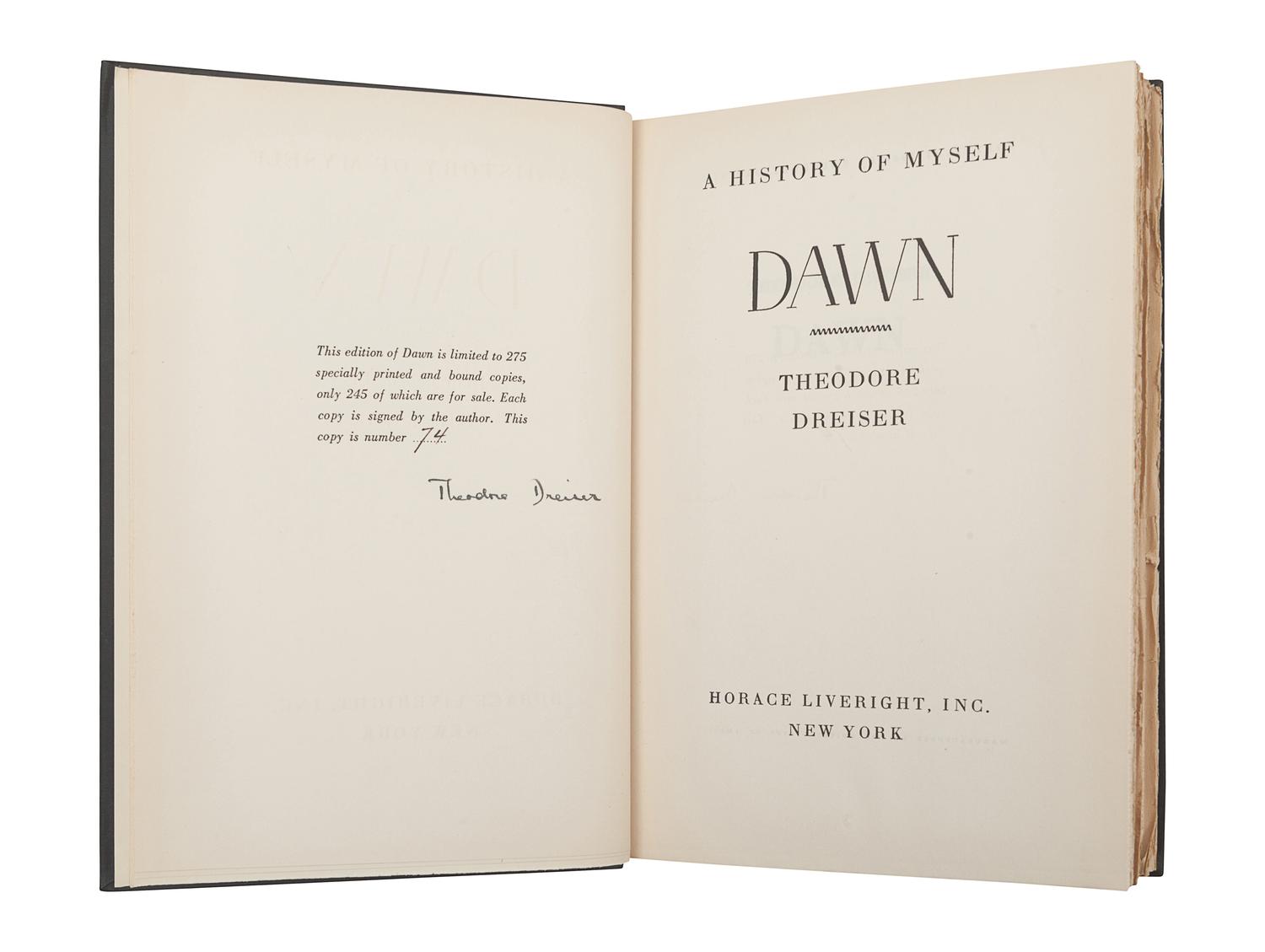 DREISER, Theodore (1871-1945). Dawn. A History of Myself. New York: Horace Liveright, Inc., 1931.
