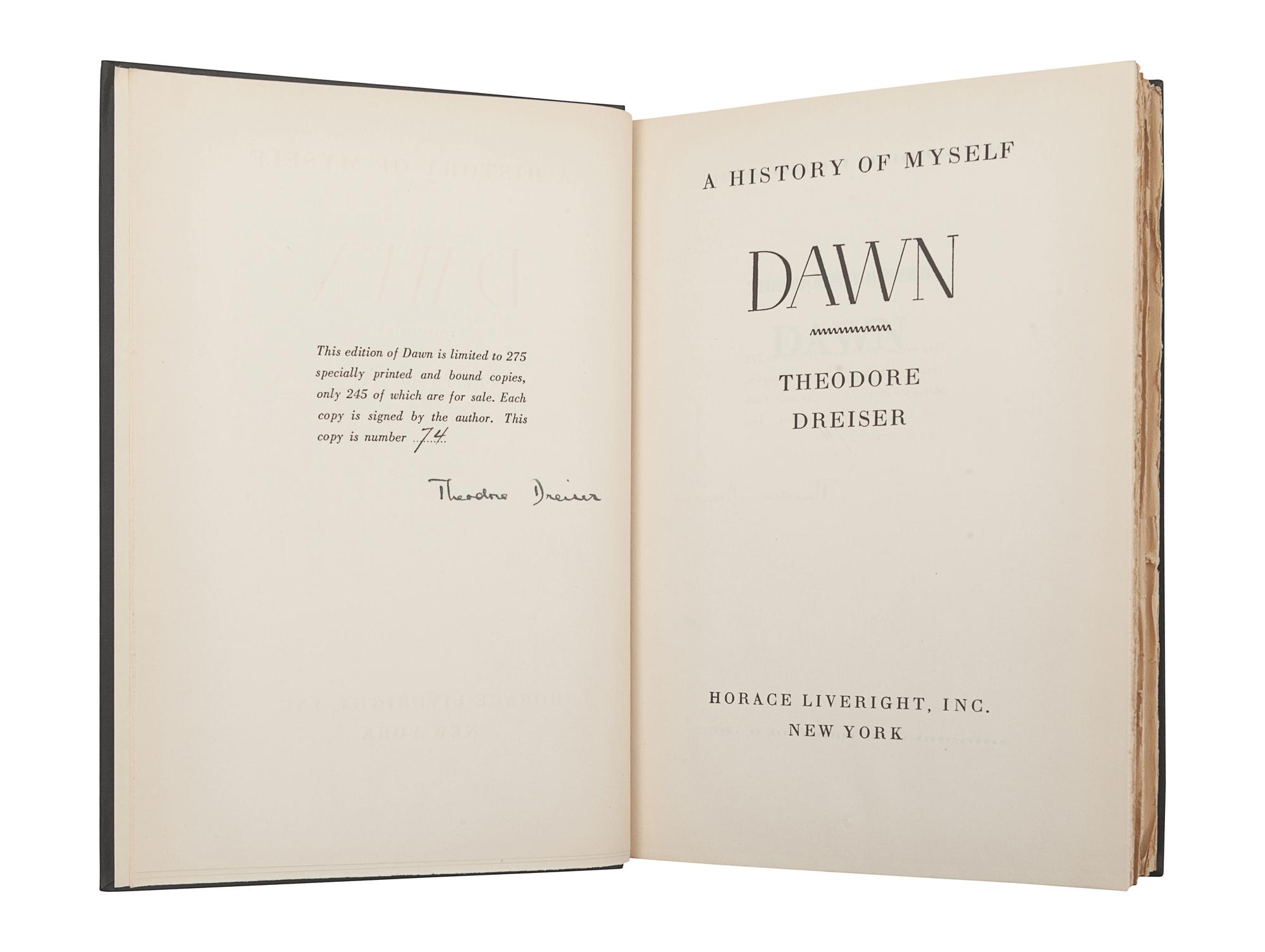 DREISER, Theodore (1871-1945). Dawn. A History of Myself. New York: Horace Liveright, Inc., 1931.