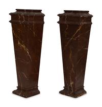 A Pair of Verdigris Patinated Terracotta Urns on Faux Marble Painted Pedestals