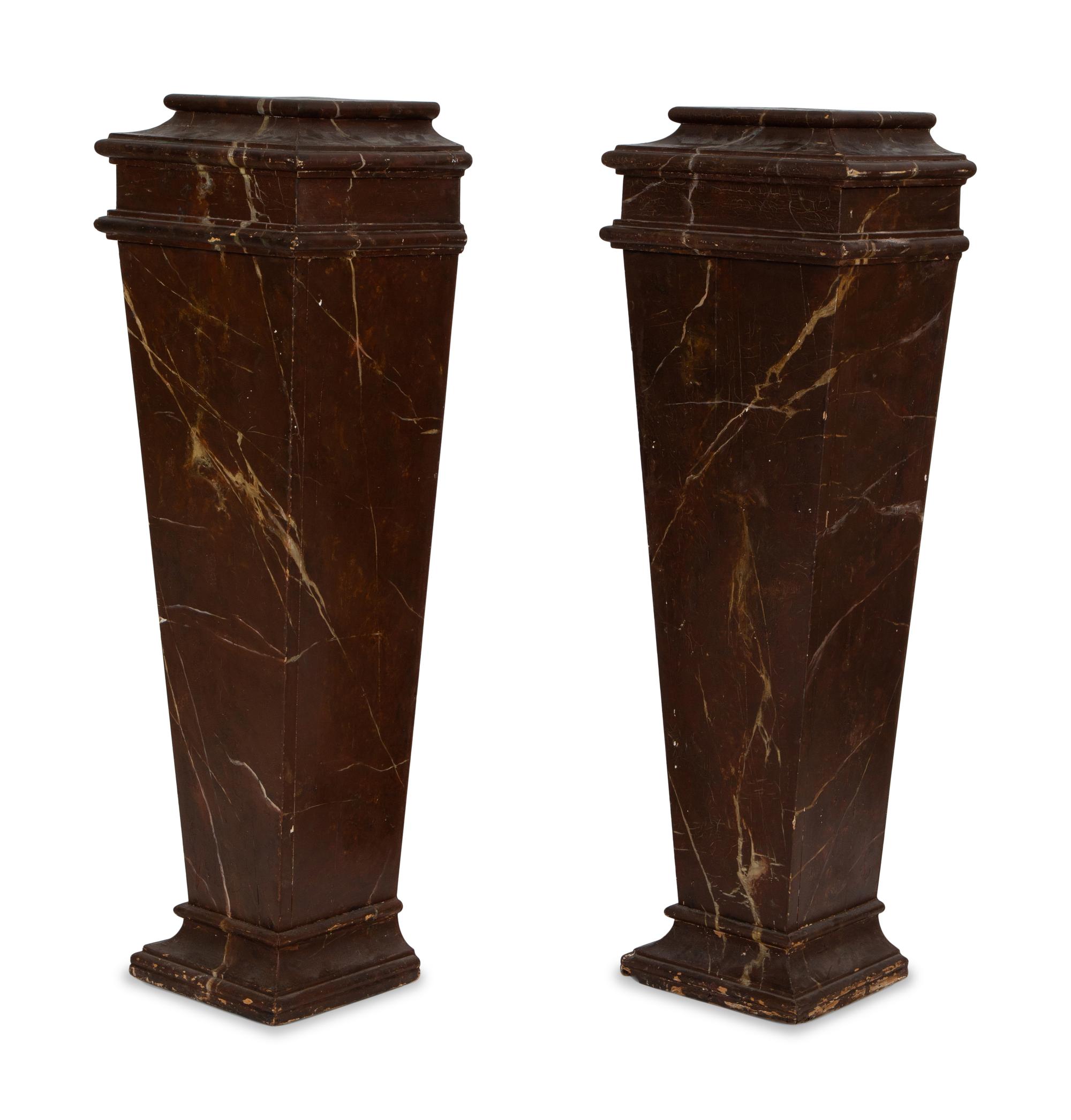 A Pair of Verdigris Patinated Terracotta Urns on Faux Marble Painted Pedestals