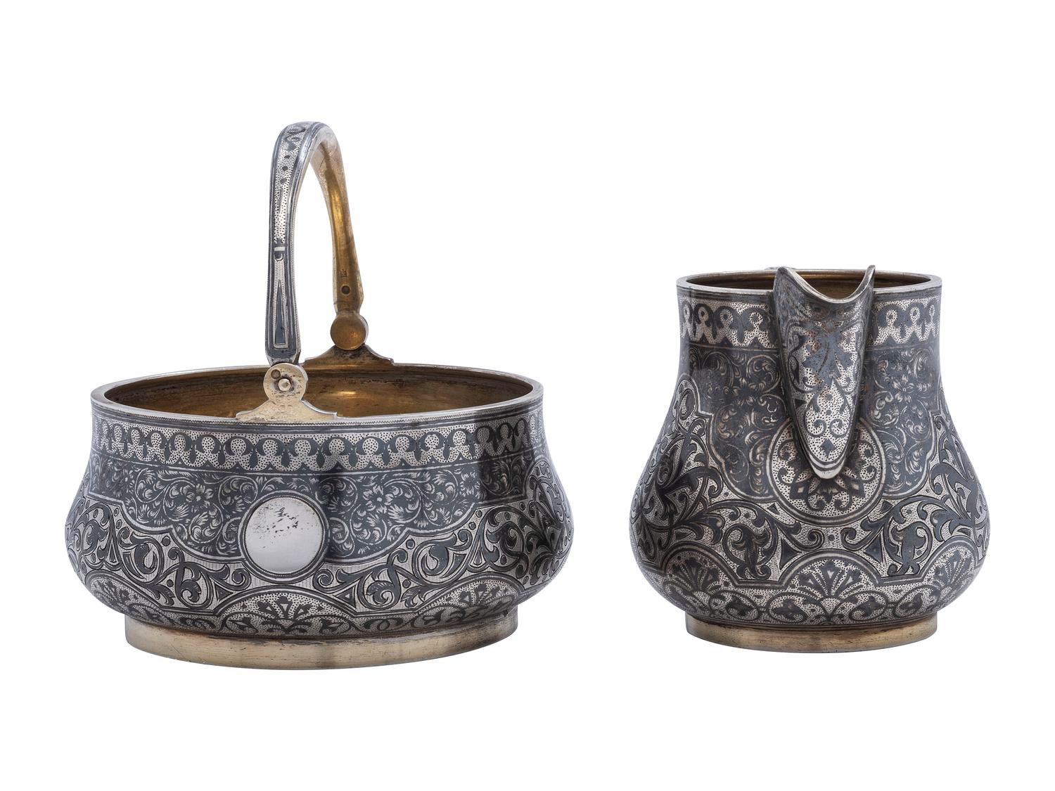 A Russian Niello Inlaid Silver Four-Piece Serving Set