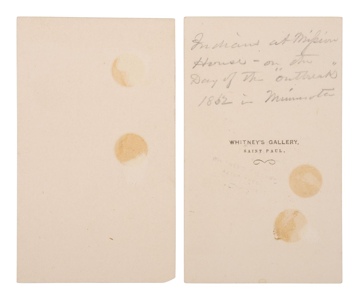 [EBELL, Adrian, photog.]. 2 CDVs documenting the 1862 Dakota Uprising in Minnesota, incl. Dakota Indians at the Pajutazee Mission the day before fighting began.