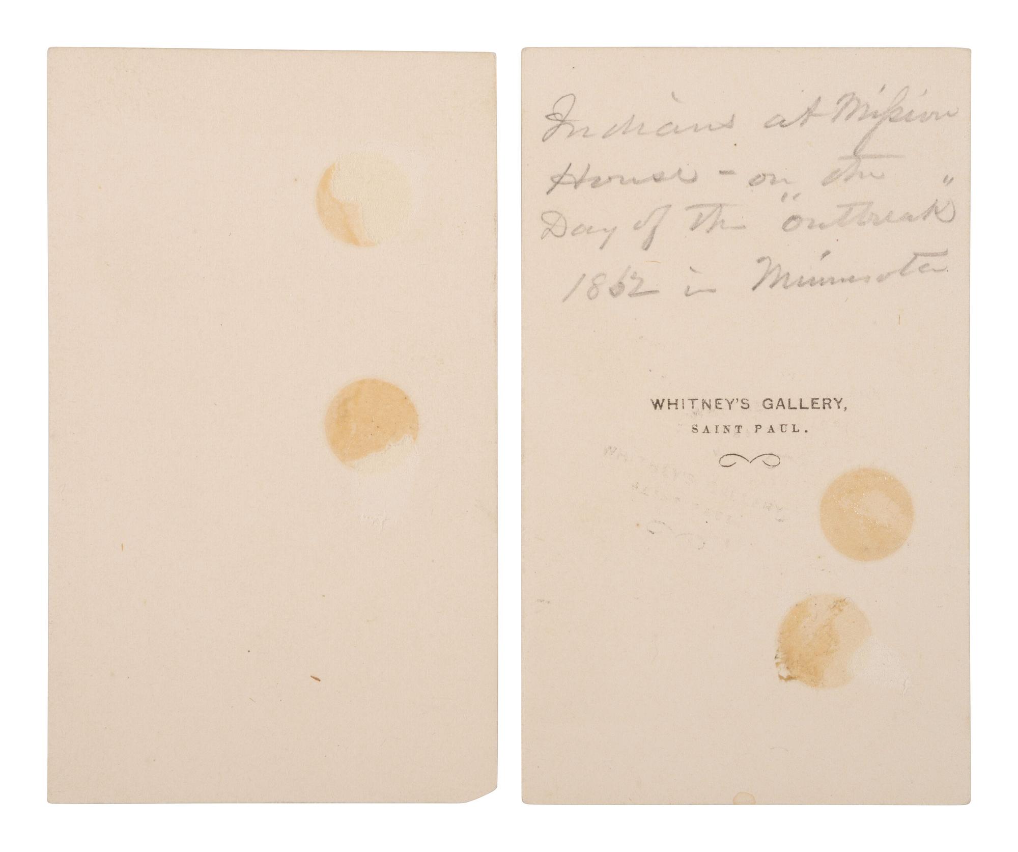 [EBELL, Adrian, photog.]. 2 CDVs documenting the 1862 Dakota Uprising in Minnesota, incl. Dakota Indians at the Pajutazee Mission the day before fighting began.