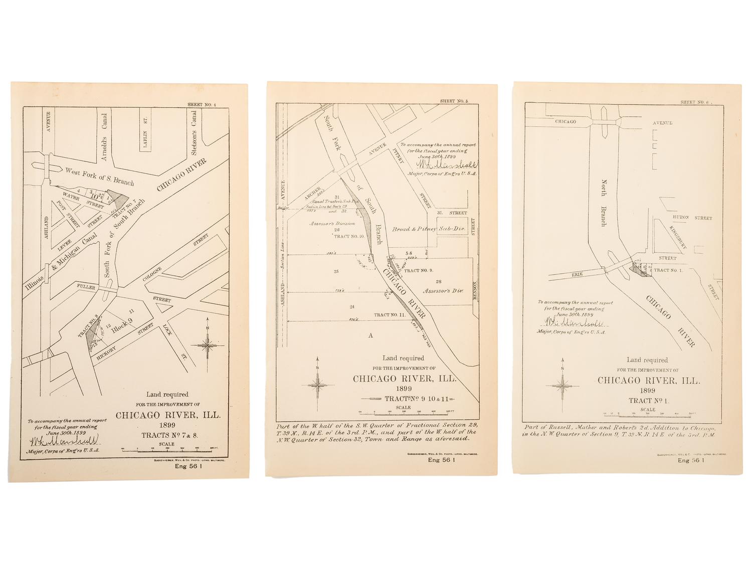 [MAPS & ATLASES -- CHICAGO]. A group of 13 maps depicting the Chicago River and Chicago Harbor, comprising: