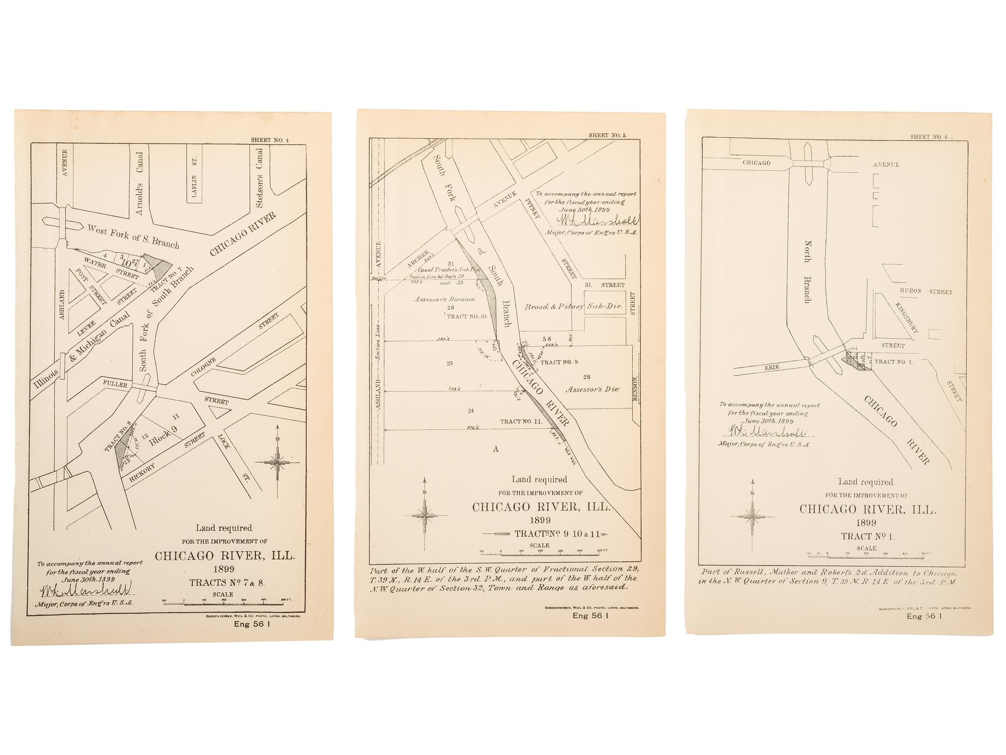[MAPS & ATLASES -- CHICAGO]. A group of 13 maps depicting the Chicago River and Chicago Harbor, comprising: