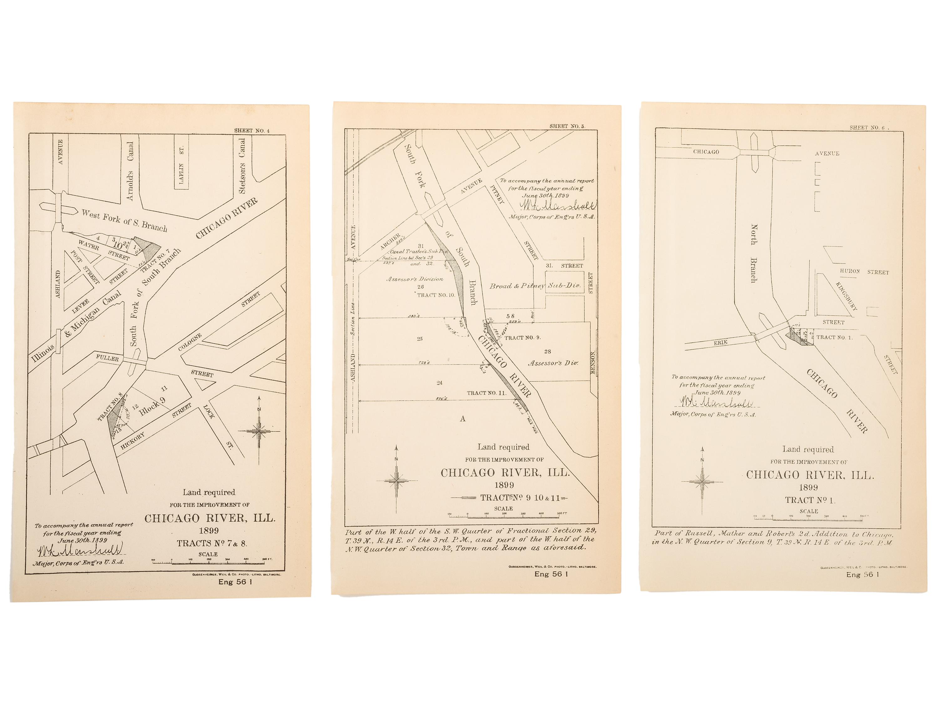 [MAPS & ATLASES -- CHICAGO]. A group of 13 maps depicting the Chicago River and Chicago Harbor, comprising: