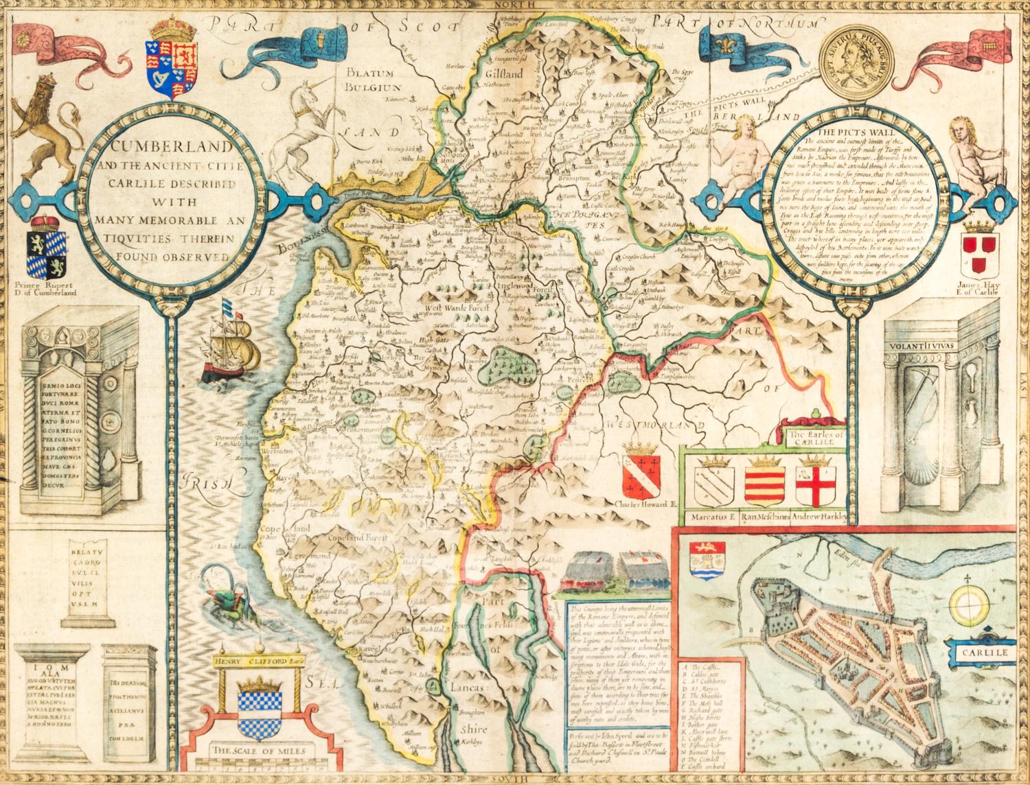 (MAP) SPEED, JOHN. Cumberland and the Ancient Citie Carlile... [London, 1611] Double-page engraved map w/hand-coloring.