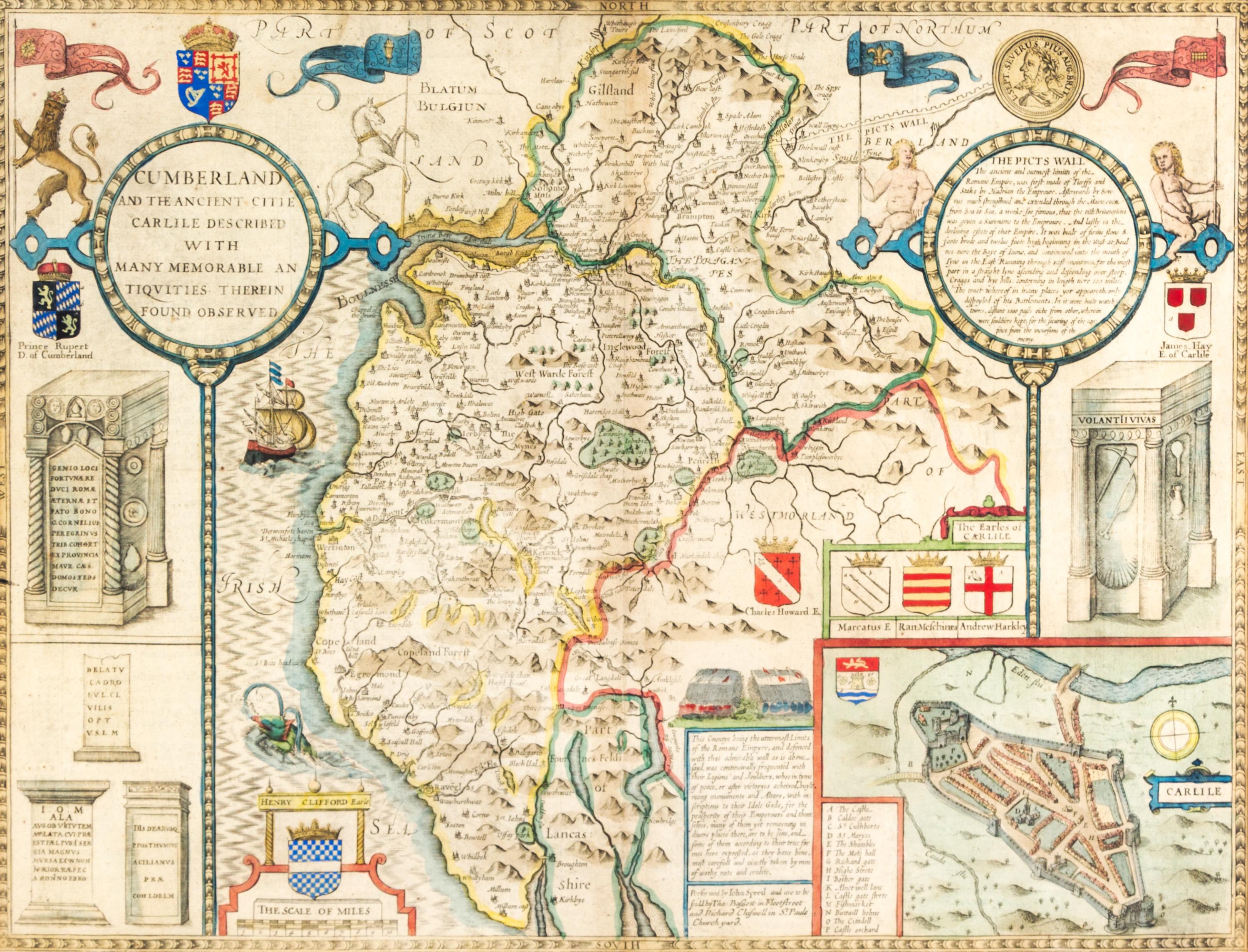 (MAP) SPEED, JOHN. Cumberland and the Ancient Citie Carlile... [London, 1611] Double-page engraved map w/hand-coloring.