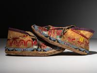 Sioux Quilled and Beaded Hide Moccasins, with Horse Tracks and Honor Wounds