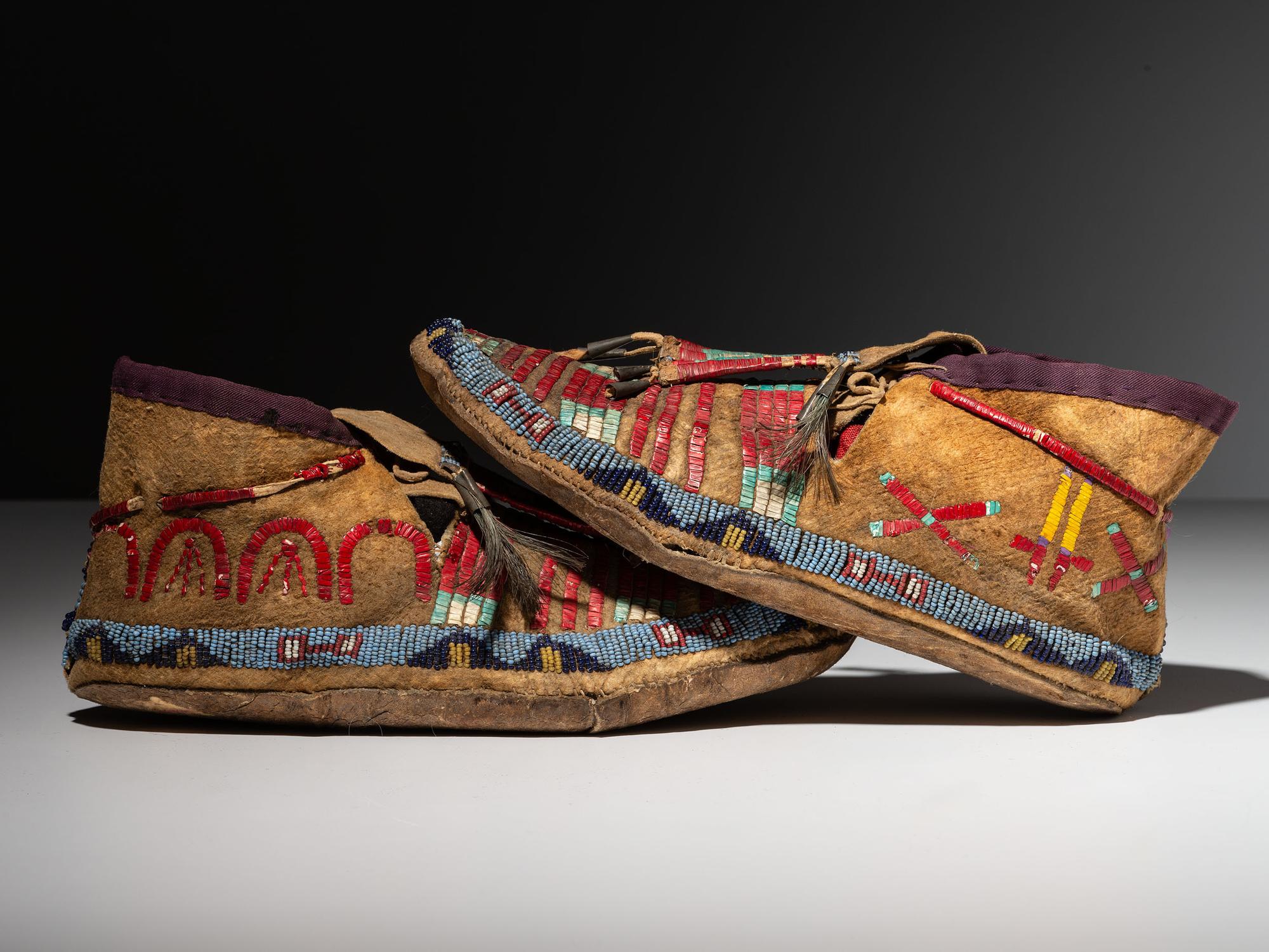 Sioux Quilled and Beaded Hide Moccasins, with Horse Tracks and Honor Wounds