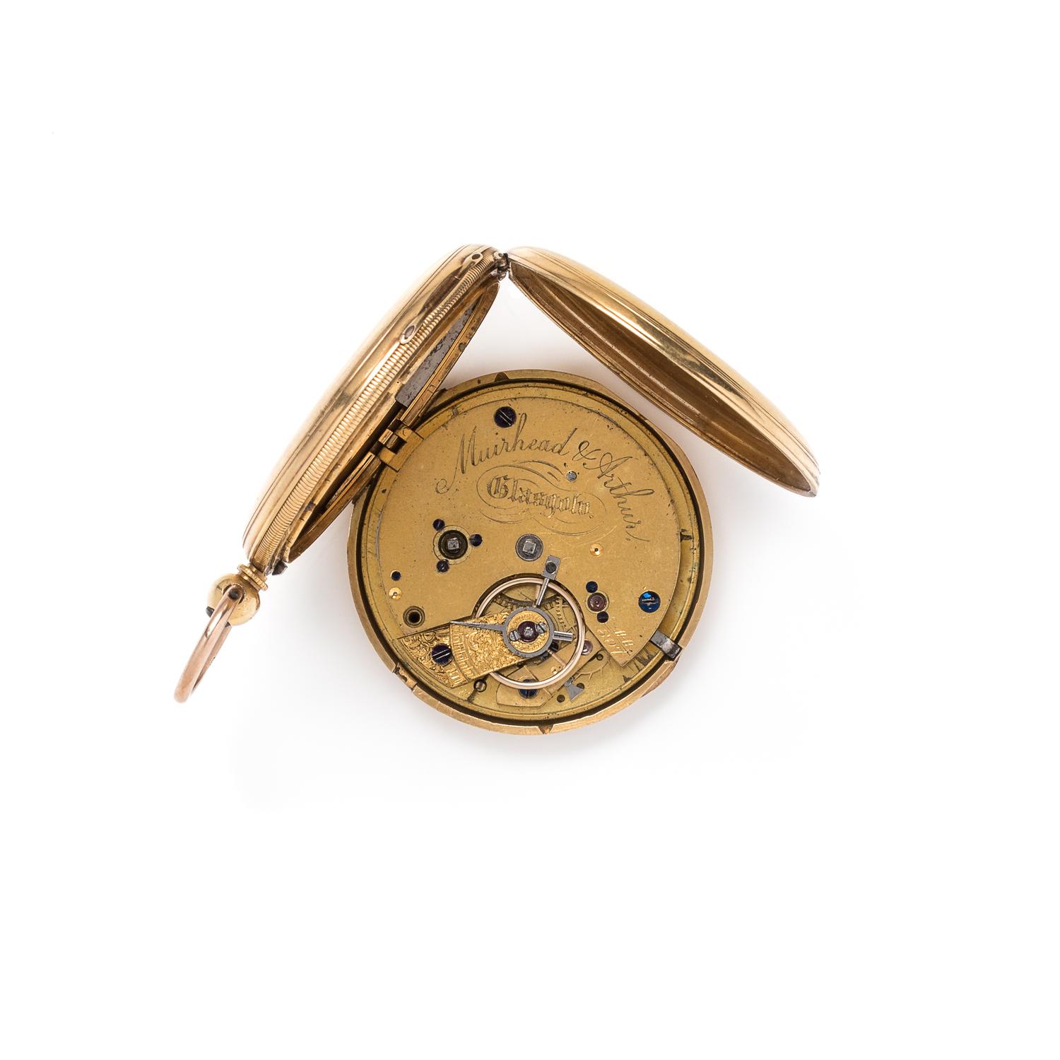 18K YELLOW GOLD HUNTER CASE POCKET WATCH WITH GOLD-FILLED FOB CHAIN