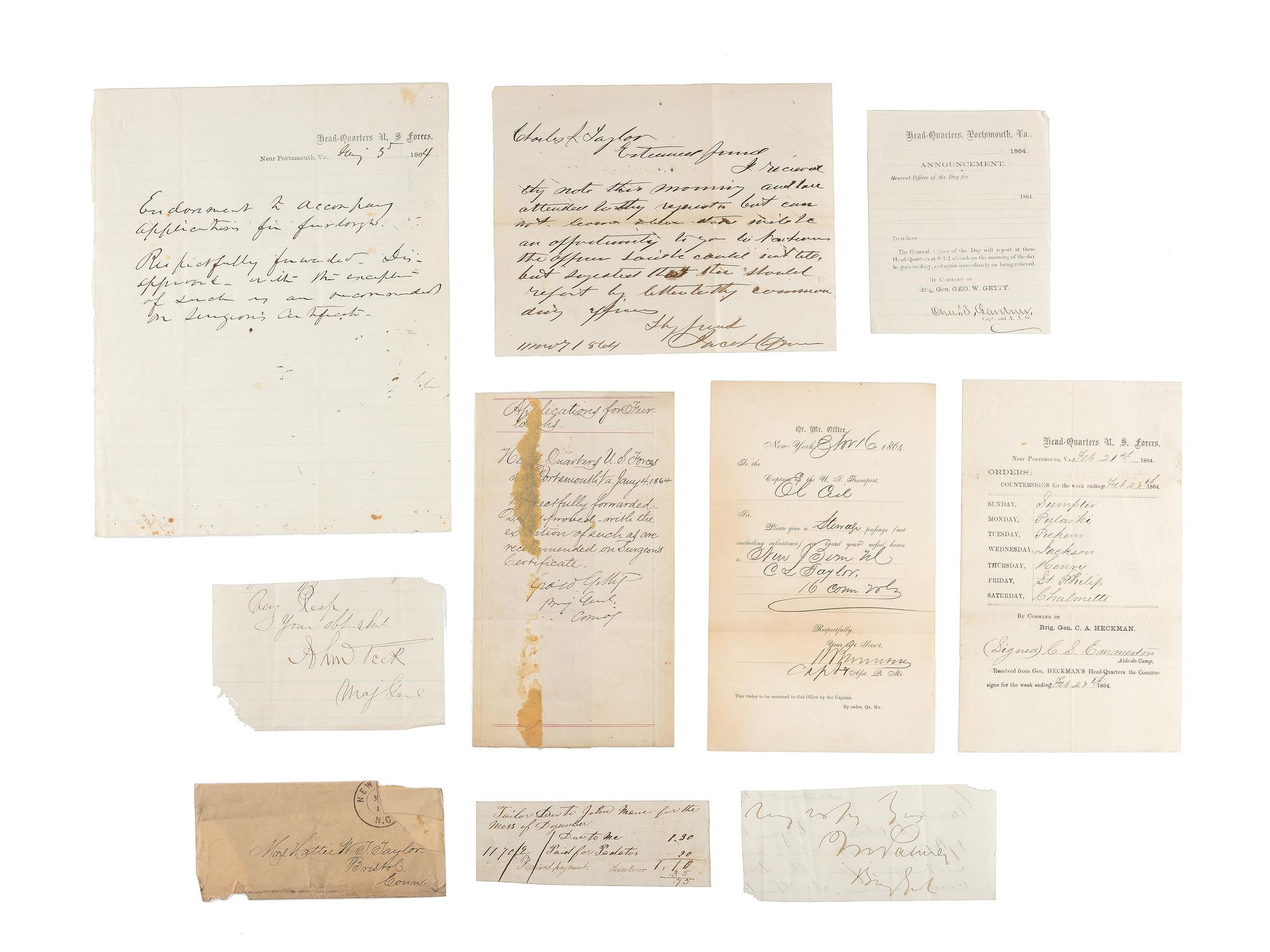 [CIVIL WAR]. Knapsack with contents carried by Private Charles L. Taylor, Company K, 16th Connecticut Volunteer Infantry.