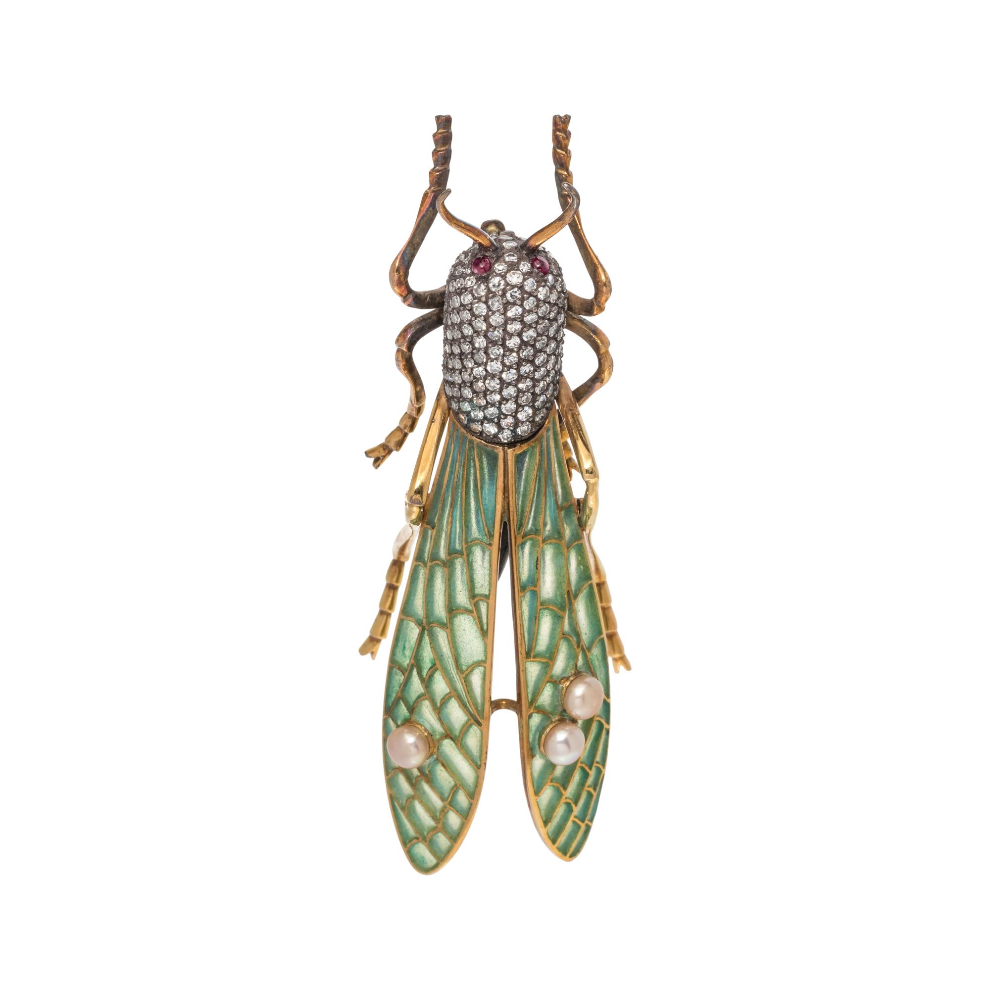 EVELYN CLOTHIER, DIAMOND, PLIQUE-À-JOUR ENAMEL AND CULTURED PEARL GRASSHOPPER BROOCH