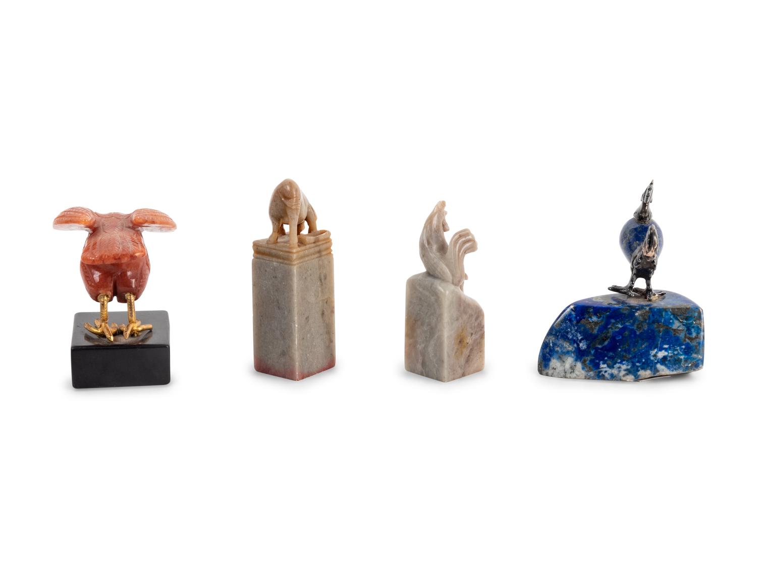 Two Carved Hardstone Seal Chops and Two Carved Hardstone Birds
