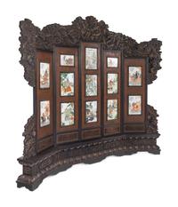 A Large Chinese Porcelain Inset Hardwood Screen