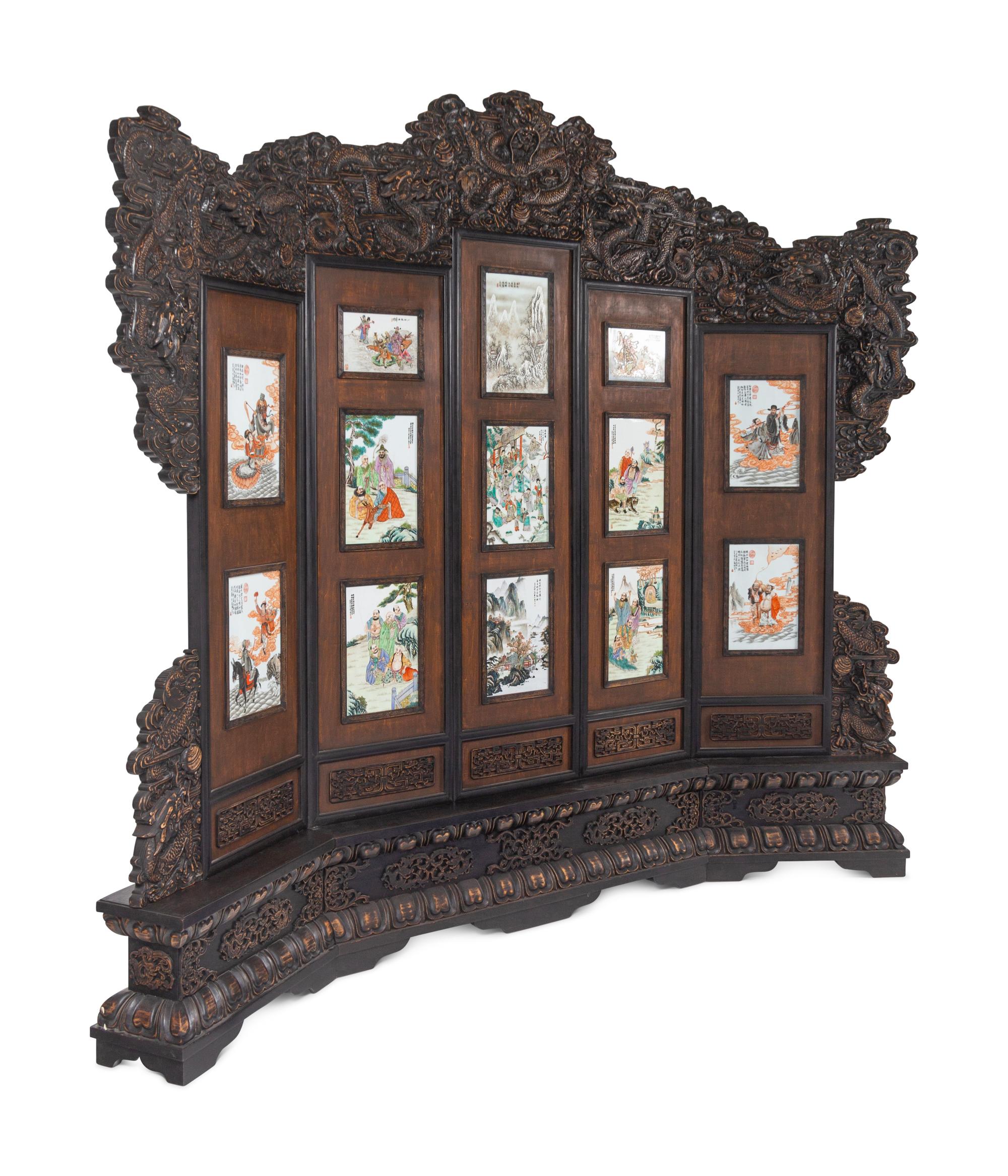 A Large Chinese Porcelain Inset Hardwood Screen