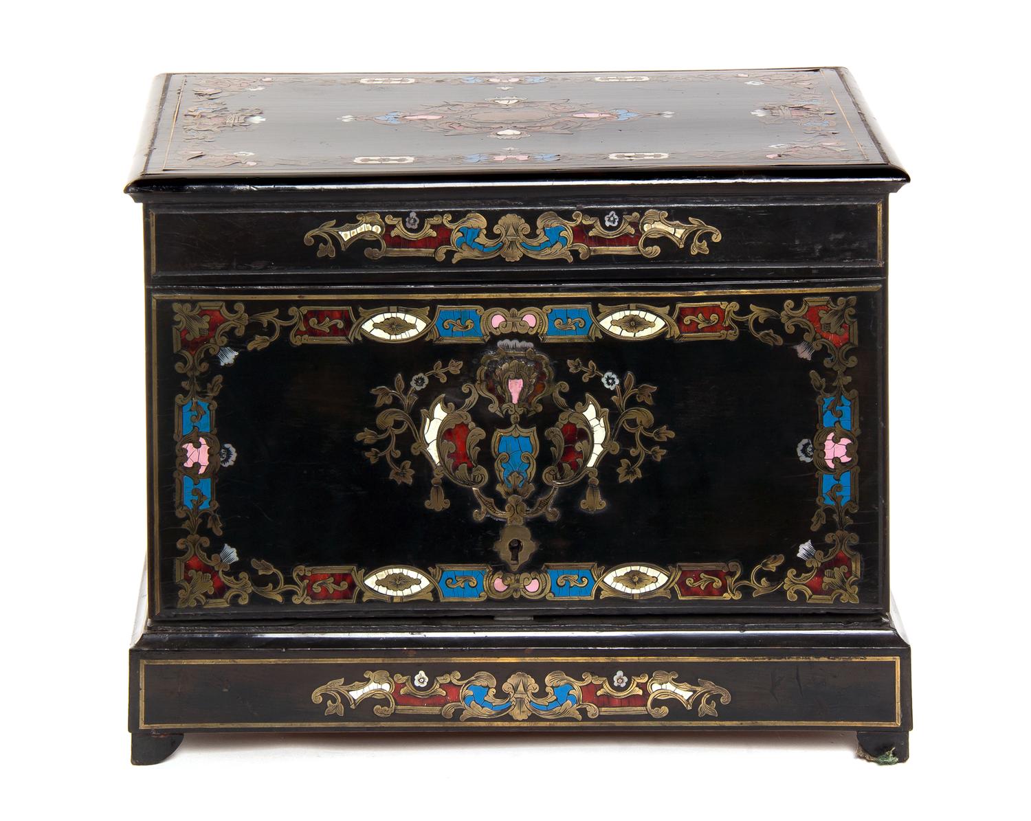 A Napoleon III Brass Inlaid and Enameled Ebony Cave a Liqueur, Width 13 inches.