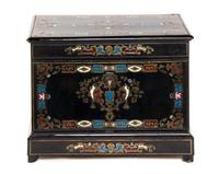 A Napoleon III Brass Inlaid and Enameled Ebony Cave a Liqueur, Width 13 inches.