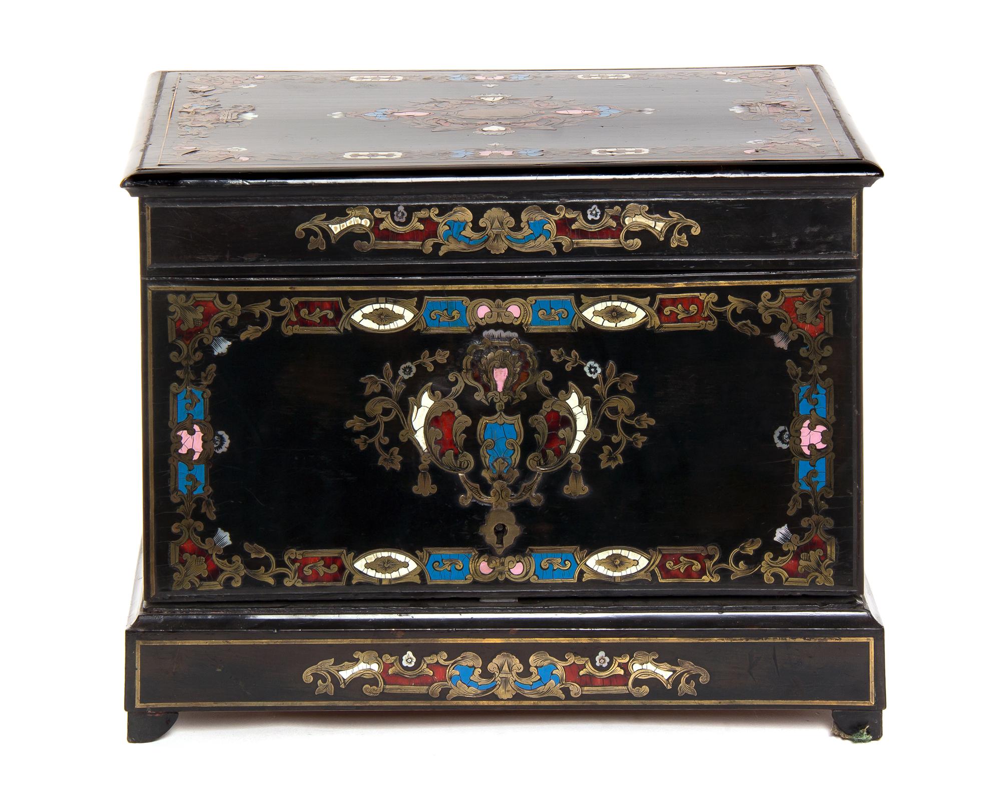 A Napoleon III Brass Inlaid and Enameled Ebony Cave a Liqueur, Width 13 inches.