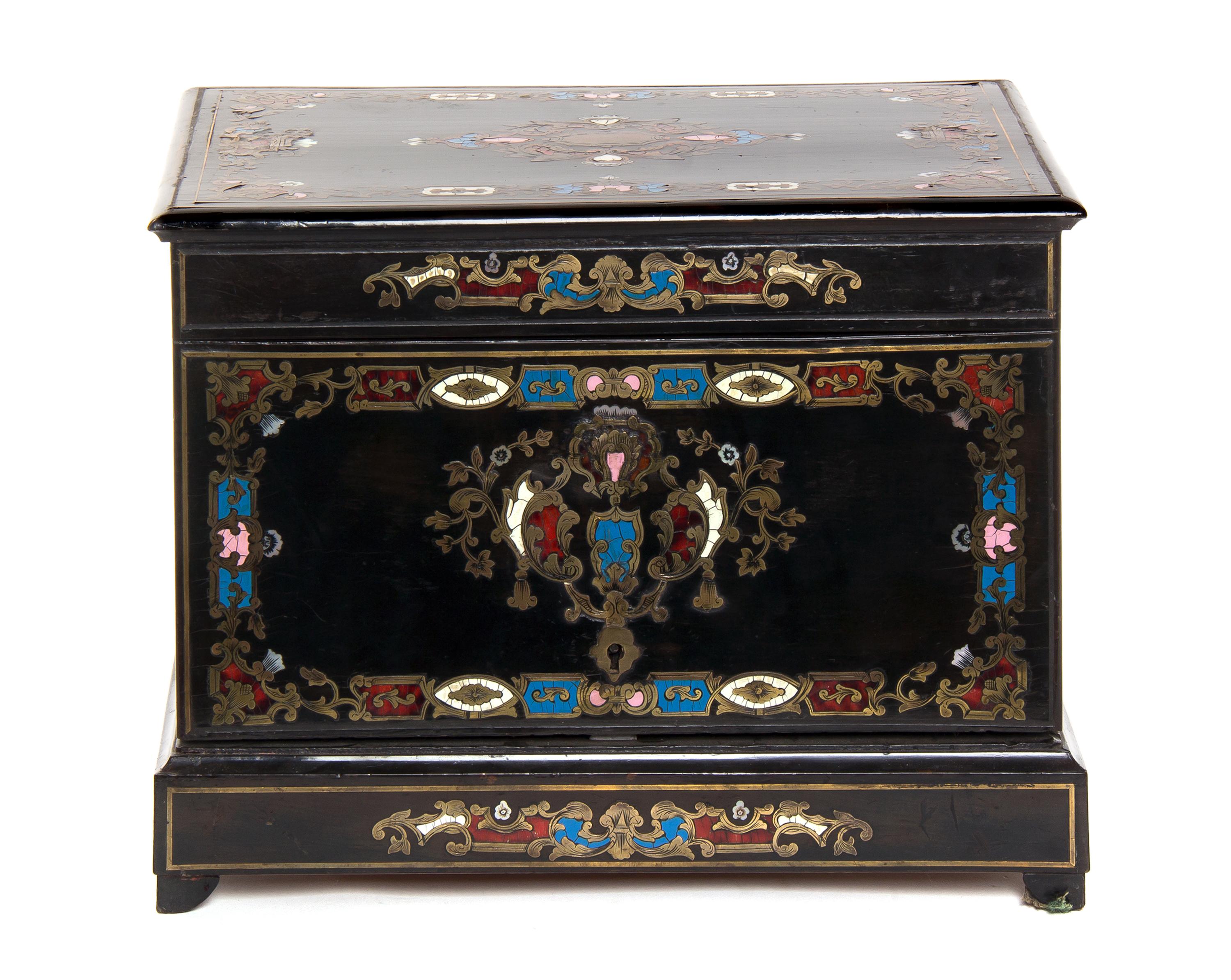 A Napoleon III Brass Inlaid and Enameled Ebony Cave a Liqueur, Width 13 inches.