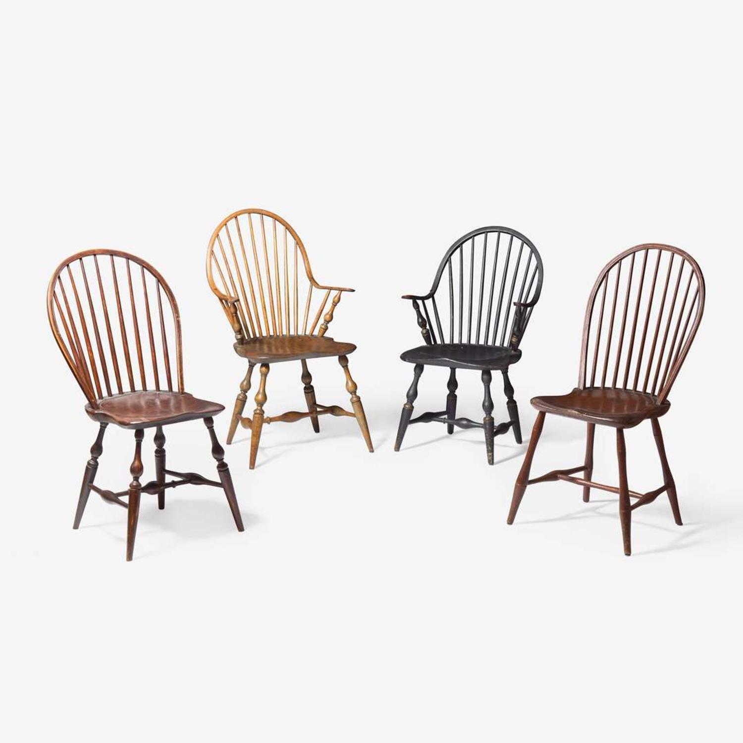 An assembled group of four bow-back Windsor chairs; circa 1800