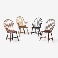 An assembled group of four bow-back Windsor chairs; circa 1800