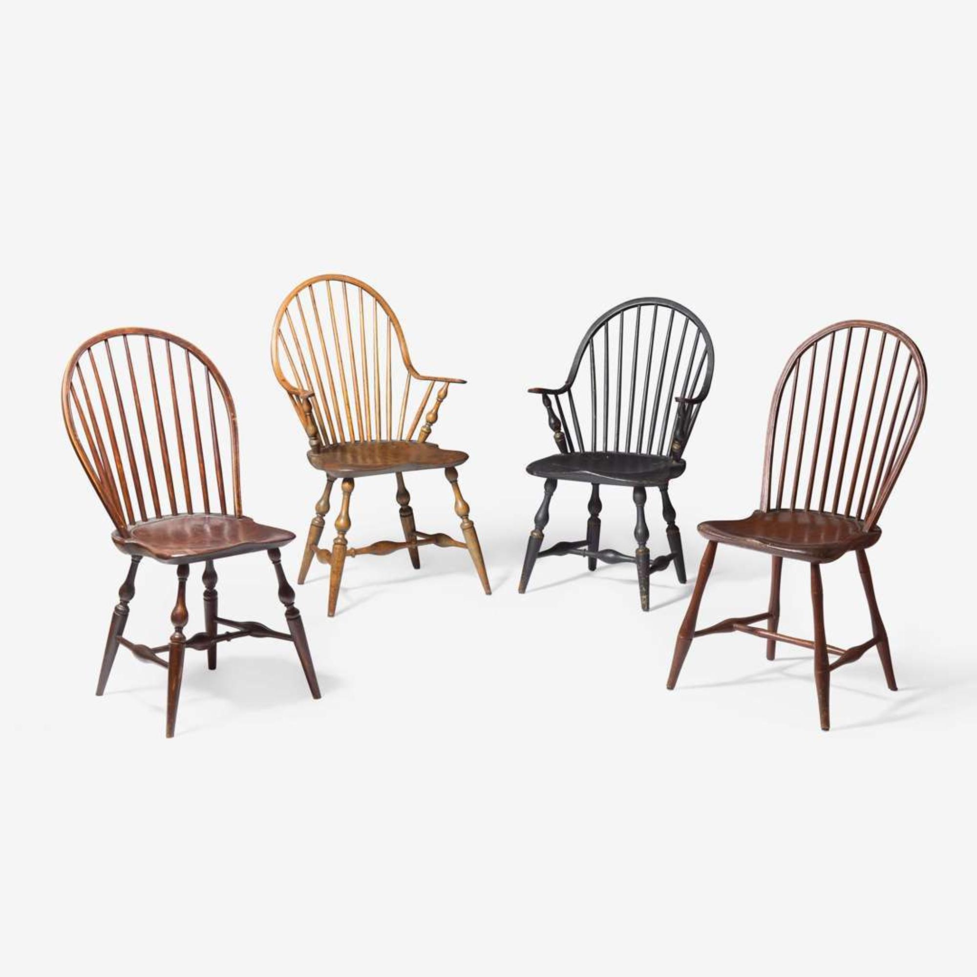 An assembled group of four bow-back Windsor chairs; circa 1800