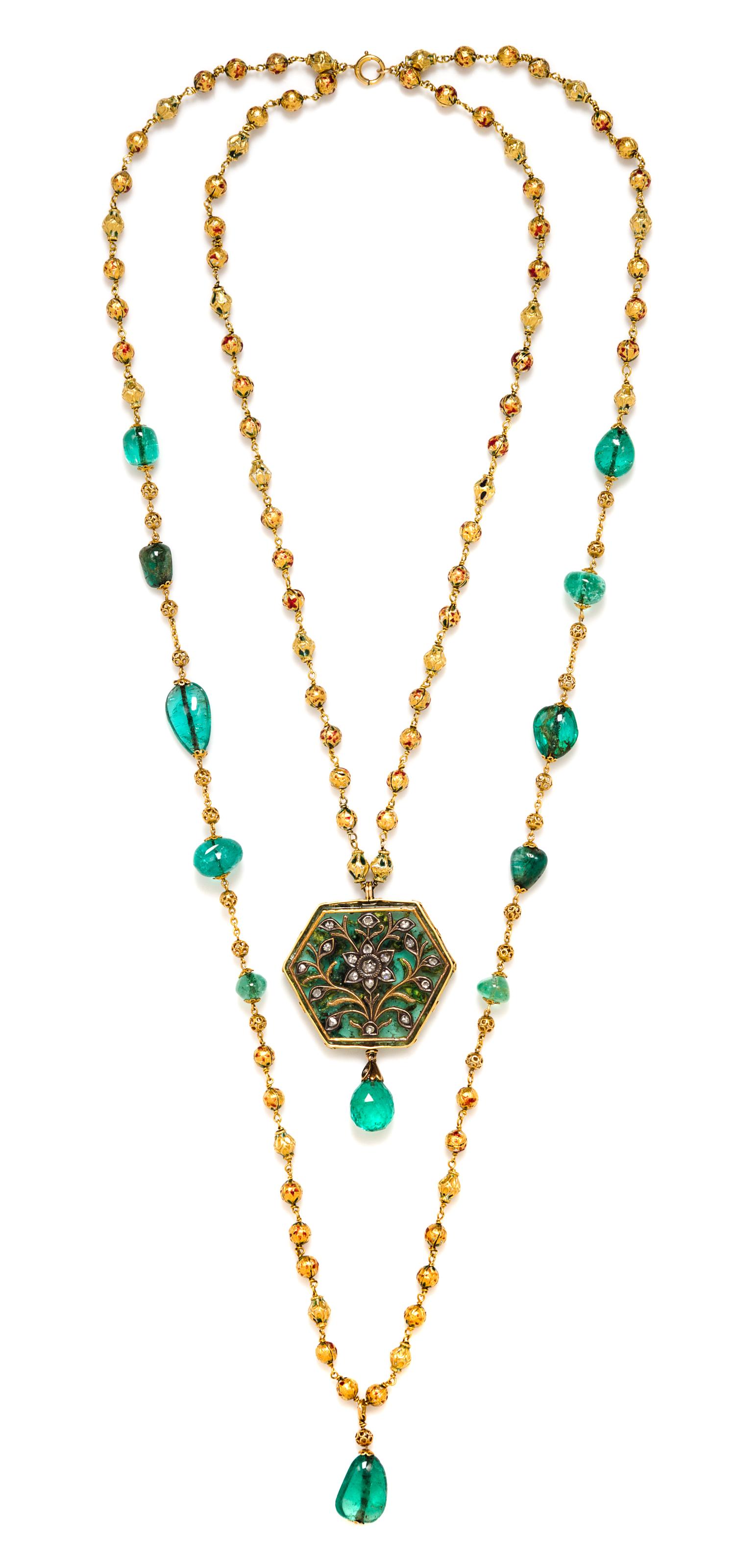 A Double Strand Yellow Gold, Emerald, Diamond, Ruby and Polychrome Enamel Necklace, Indian, 77.60 dwts.