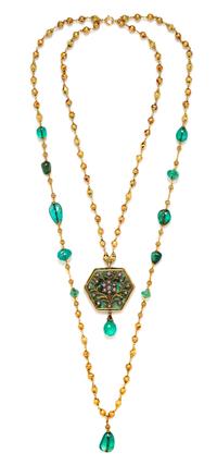 A Double Strand Yellow Gold, Emerald, Diamond, Ruby and Polychrome Enamel Necklace, Indian, 77.60 dwts.