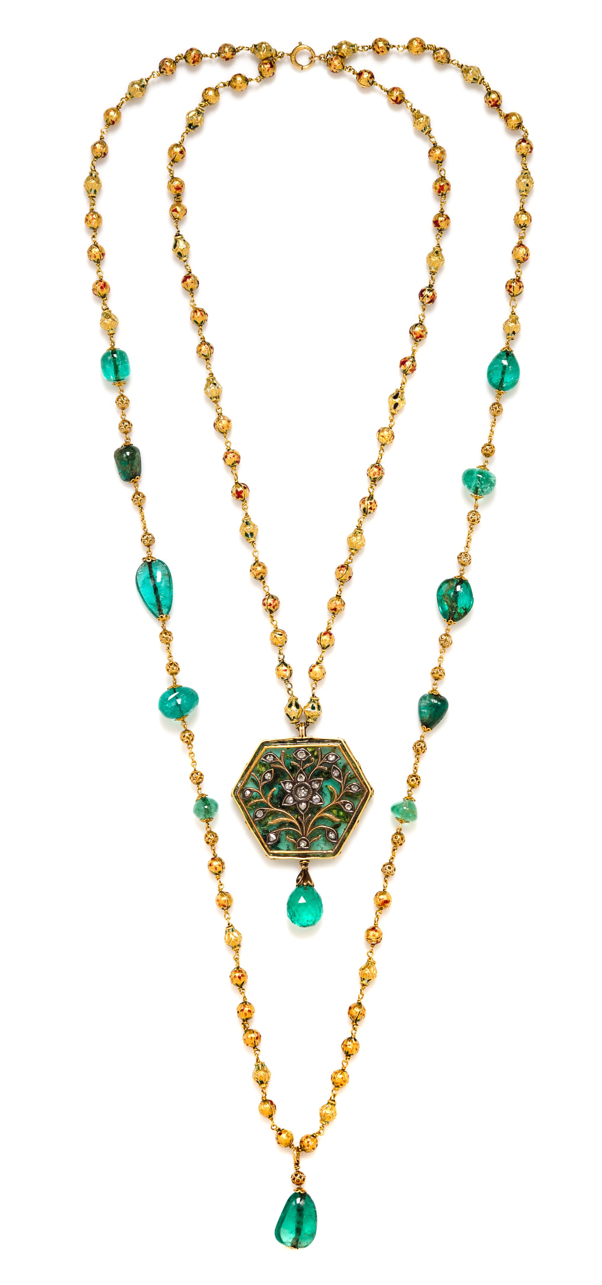 A Double Strand Yellow Gold, Emerald, Diamond, Ruby and Polychrome Enamel Necklace, Indian, 77.60 dwts.