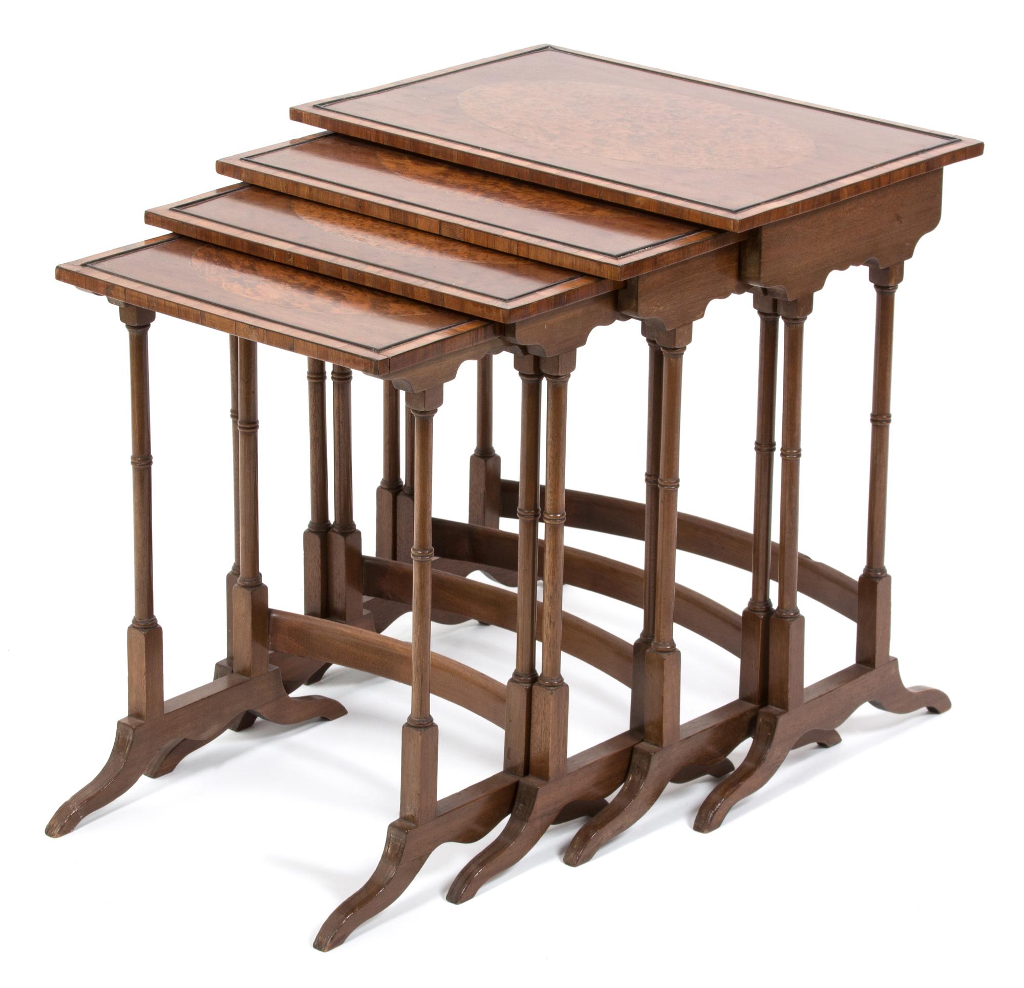 A Set of English Burl Walnut Inlaid and Crossbanded Nesting Tables Height of largest 21 x width 19 1/2 x depth 13 1/2 inches. — LATE 19TH CENTURY