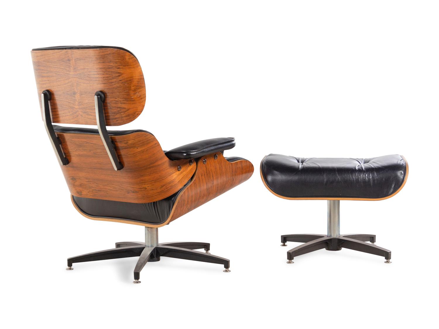 A Faux Leather and Rosewood Lounge Chair and Ottoman in the Style of Eames