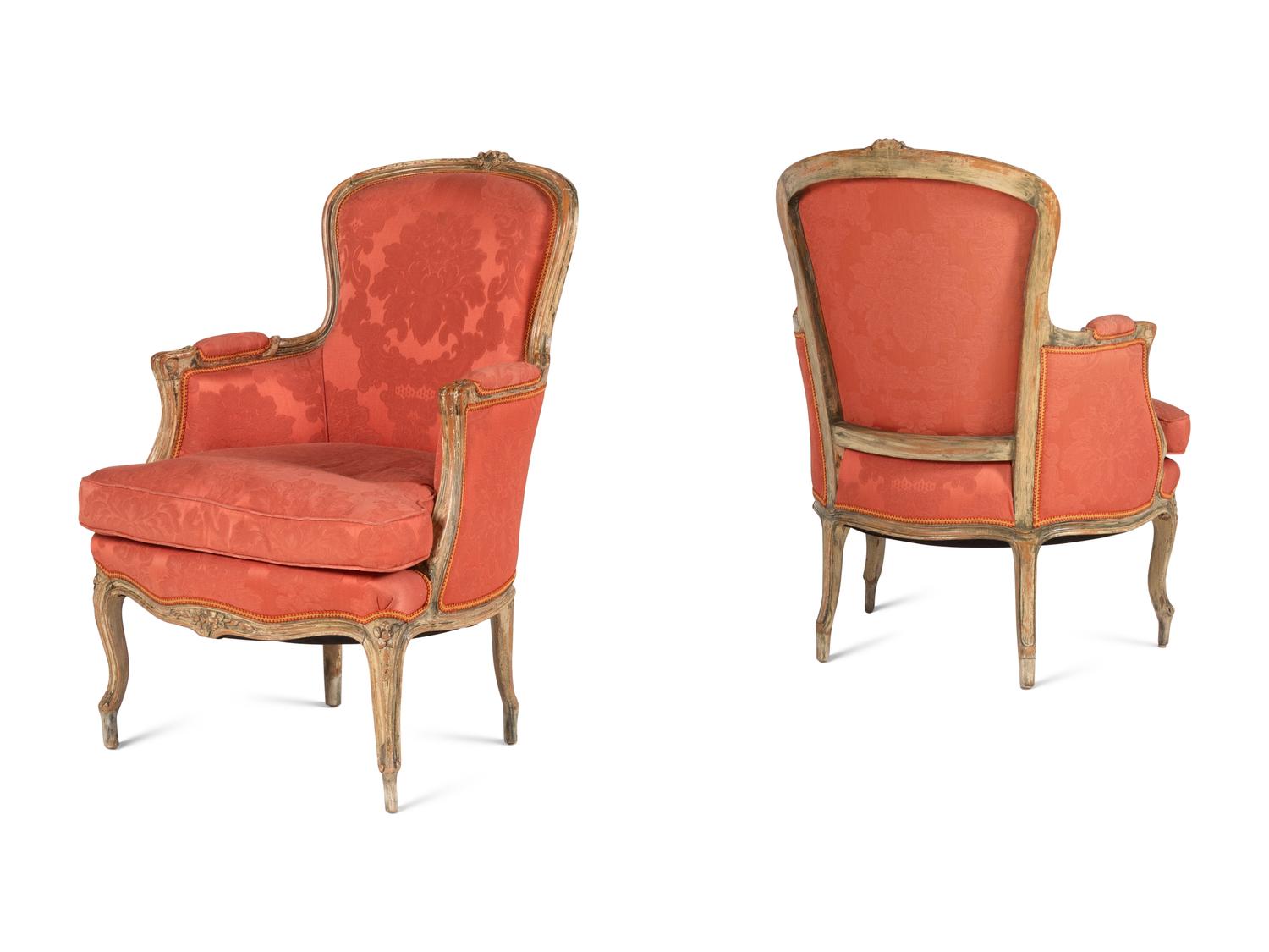 A Pair of Louis XV Style White-Painted Bergères