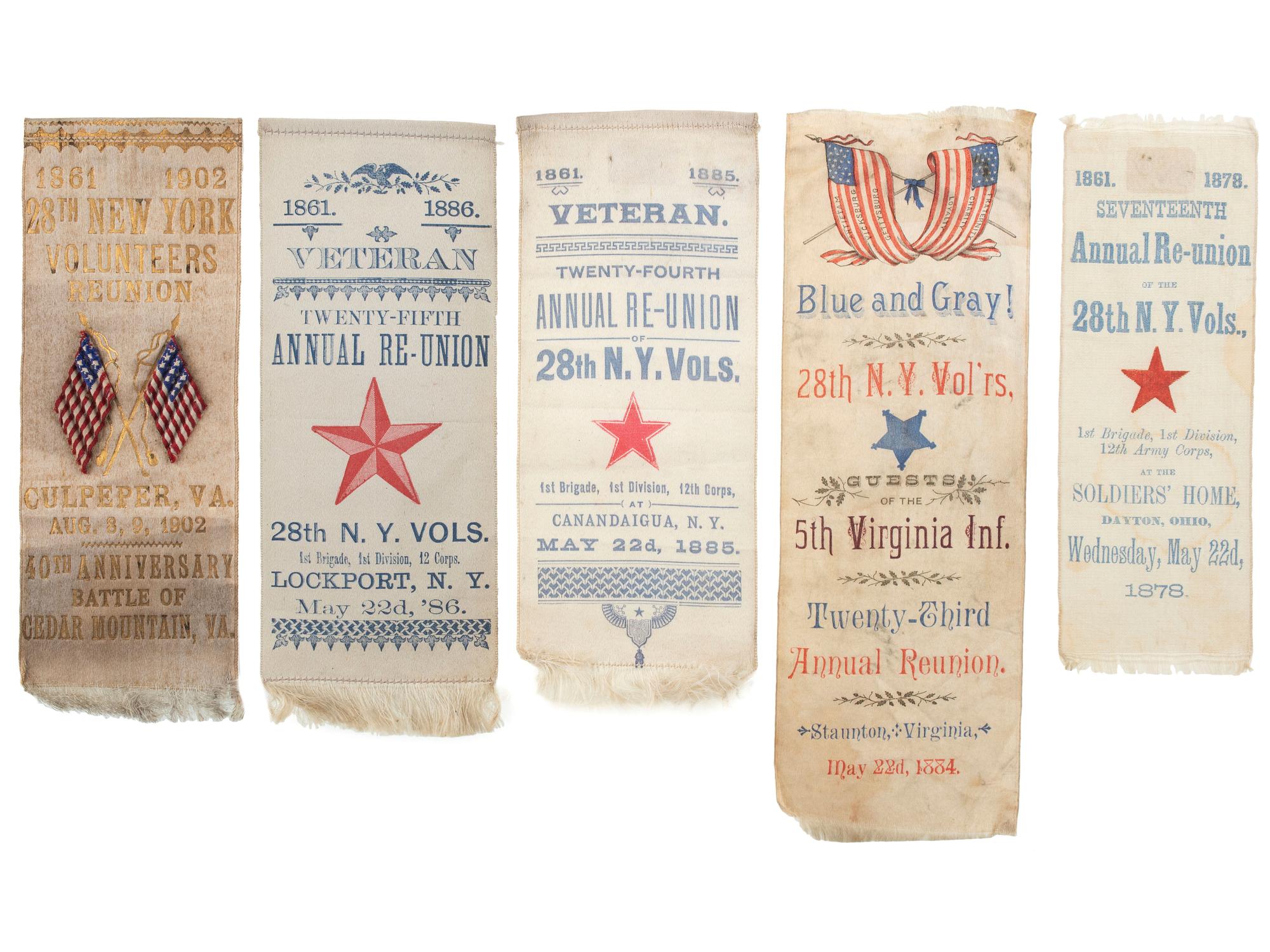 [CIVIL WAR] -- [GAR]. Group of 5 reunion ribbons and booklet, 28th New York Volunteers, the "Niagra Rifles."