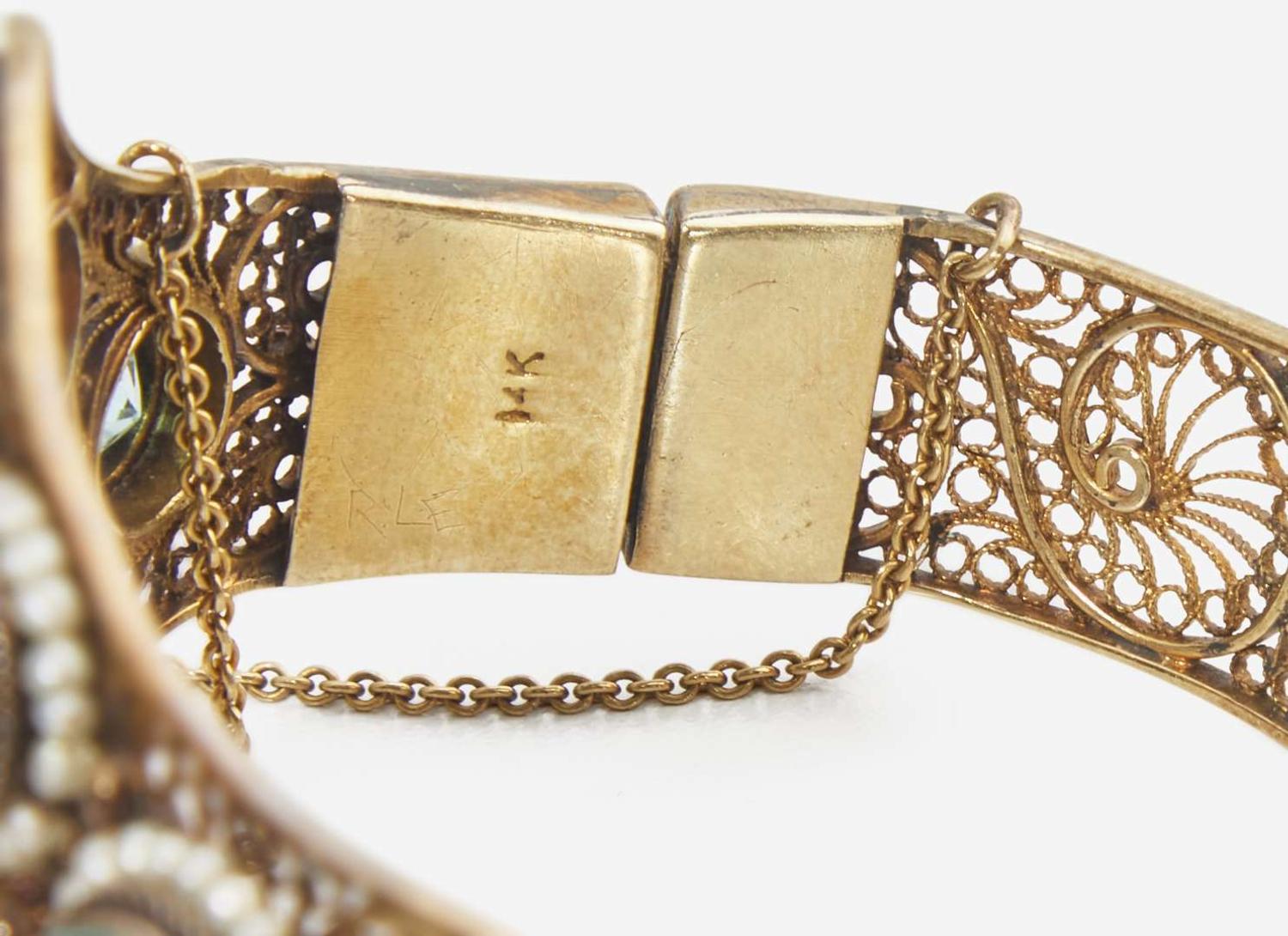 A 14K Yellow Gold, Seed Pearl, and Blue Zircon Bracelet