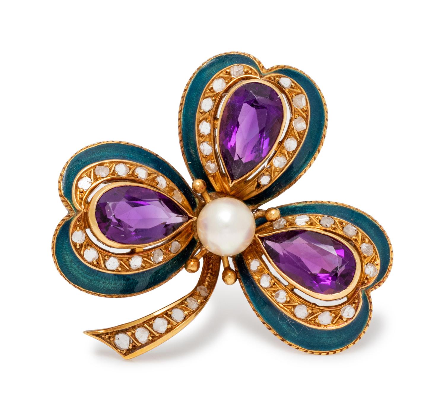 A Yellow Gold, Cultured Pearl, Amethyst, Diamond and Enamel Shamrock Brooch,