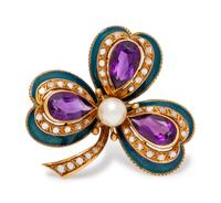 A Yellow Gold, Cultured Pearl, Amethyst, Diamond and Enamel Shamrock Brooch,