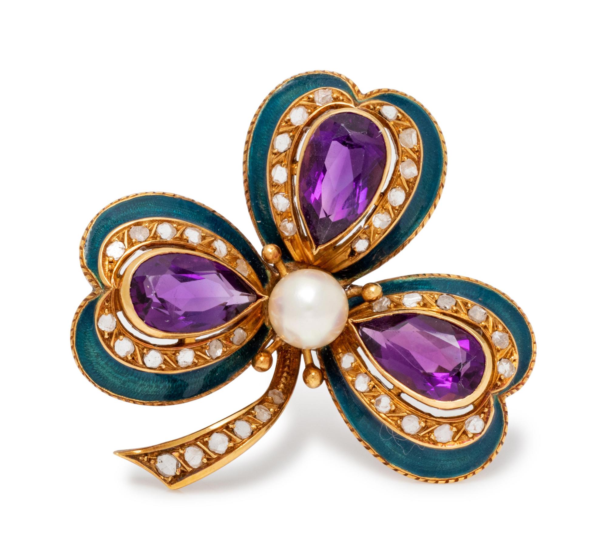 A Yellow Gold, Cultured Pearl, Amethyst, Diamond and Enamel Shamrock Brooch,