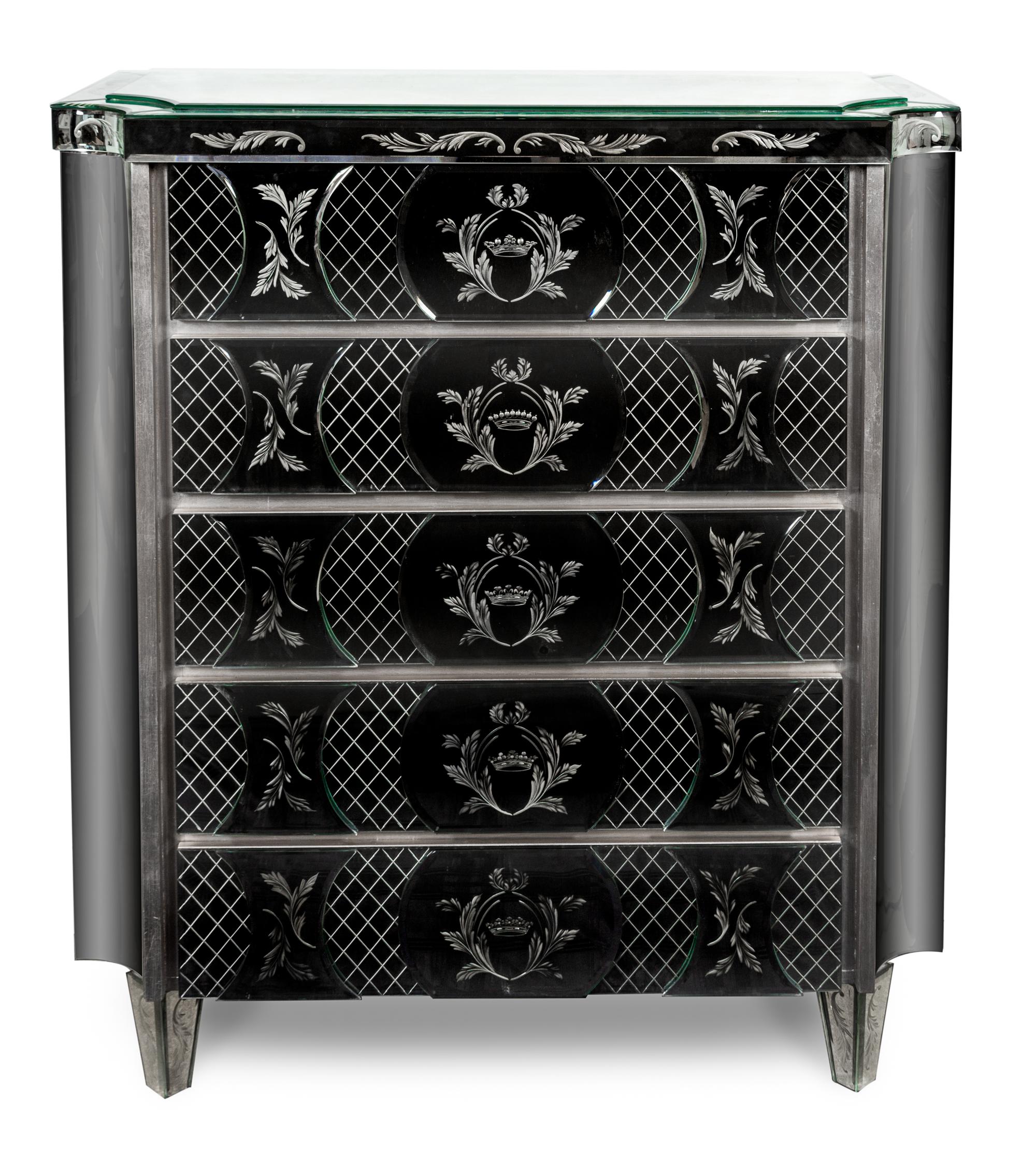 A Venetian Style Etched Dresser Height 49 x width 43 1/4 x depth 20 1/2 inches. — 20TH CENTURY