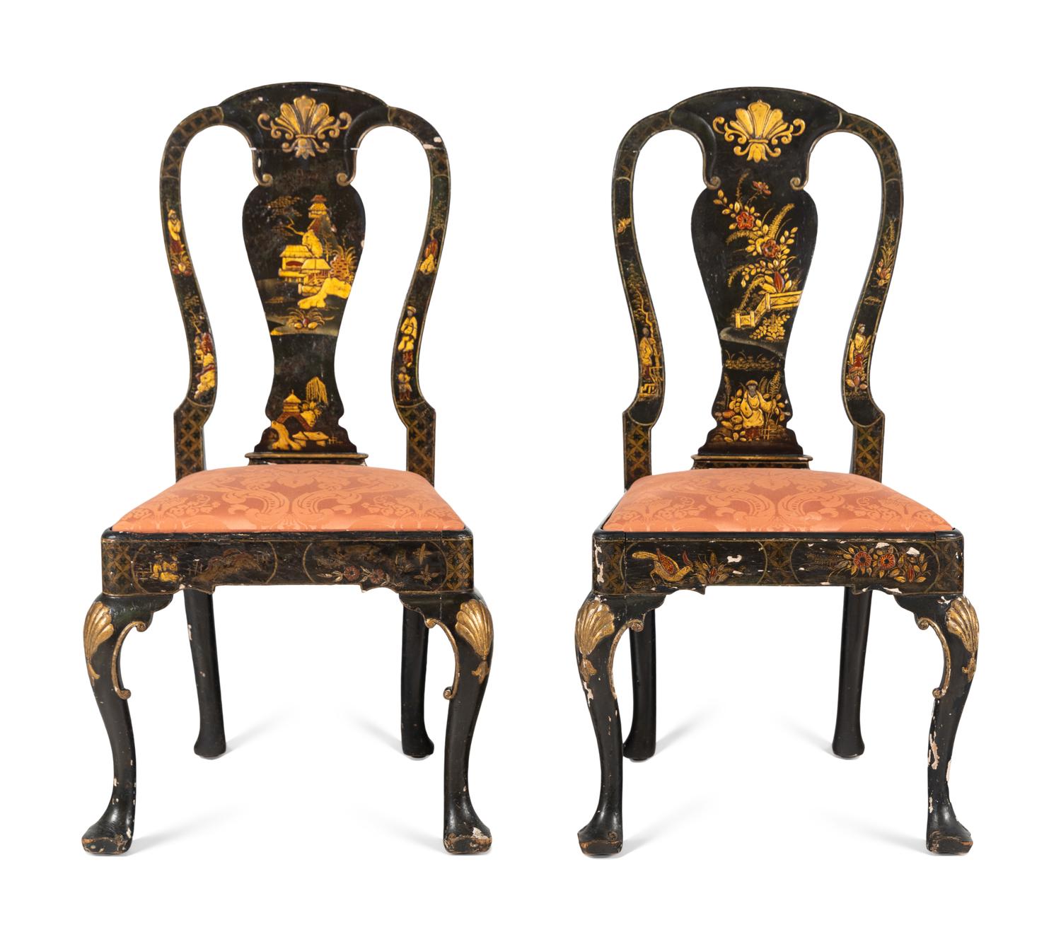 A Pair of Queen Anne Style Black Japanned Side Chairs