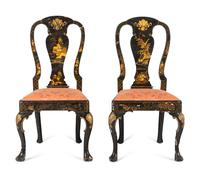A Pair of Queen Anne Style Black Japanned Side Chairs