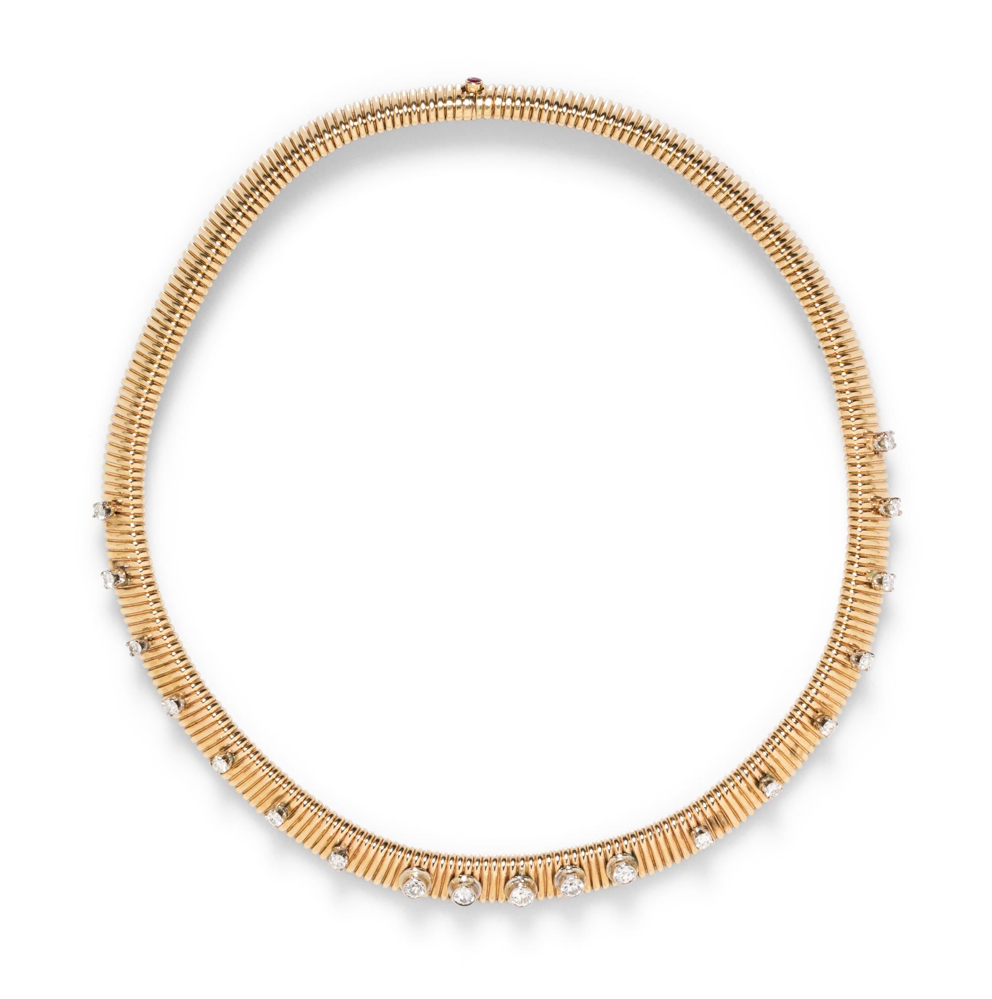 A Yellow Gold, Diamond and Ruby Tubogas Necklace, 24.60 dwts.